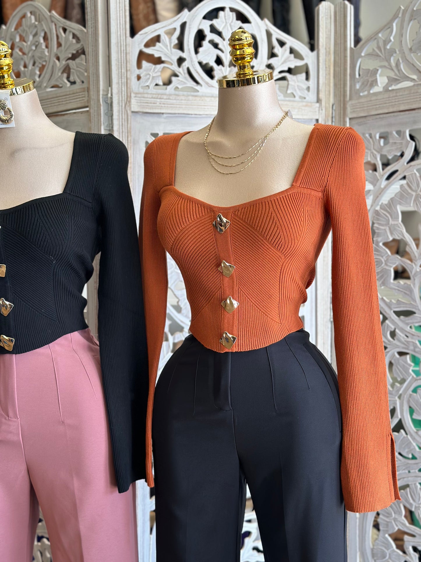 Ribbed Asymmetrical Gold Button Top- Stretchy,Estira
