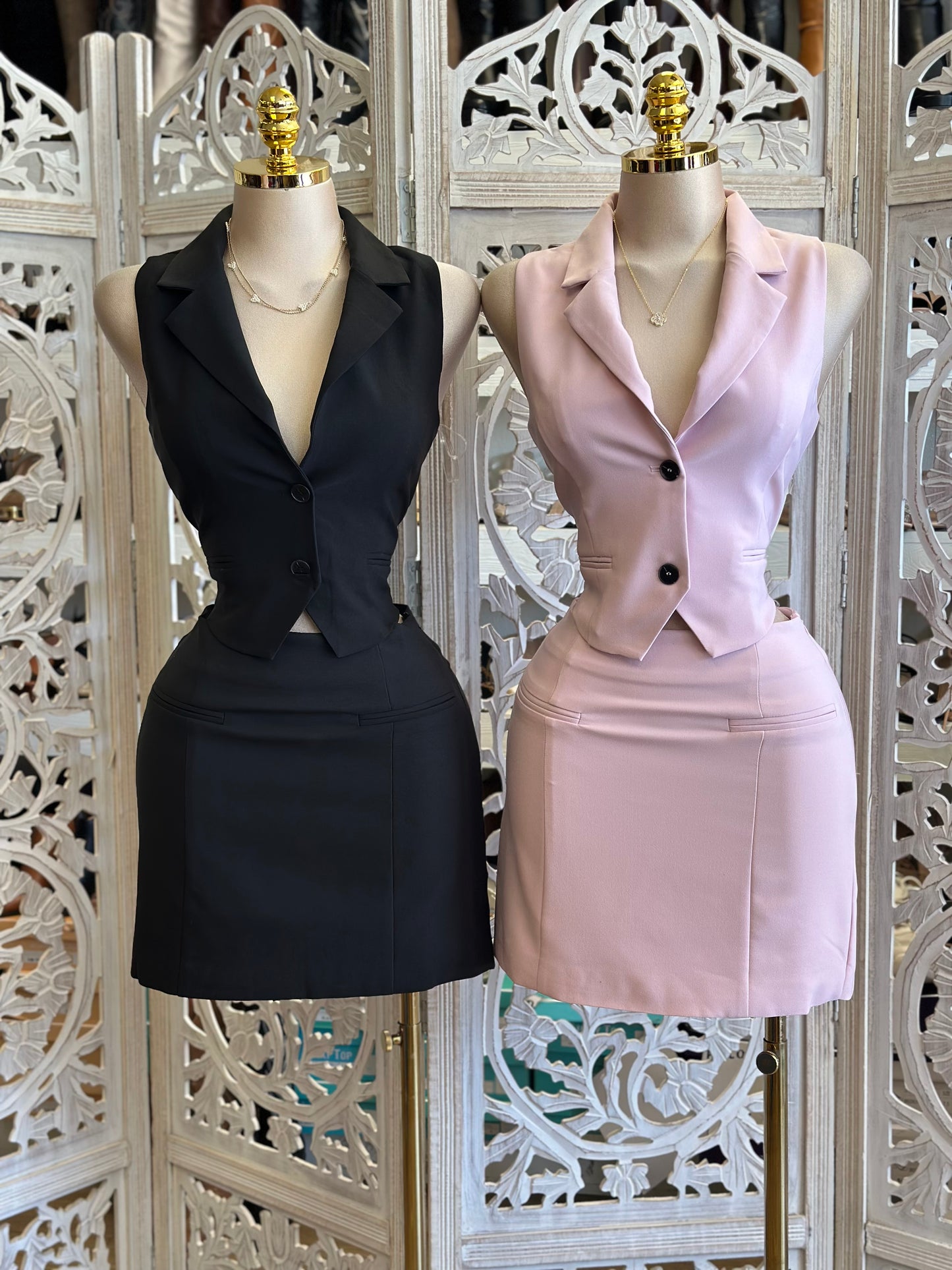 Vest and Mini Skirt Set- Slightly Stretchy,Estira Poco