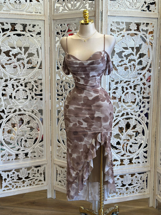 Brushed Floral Off Shoulder Draped Ruffle Midi Dress-Estira, Stretchy