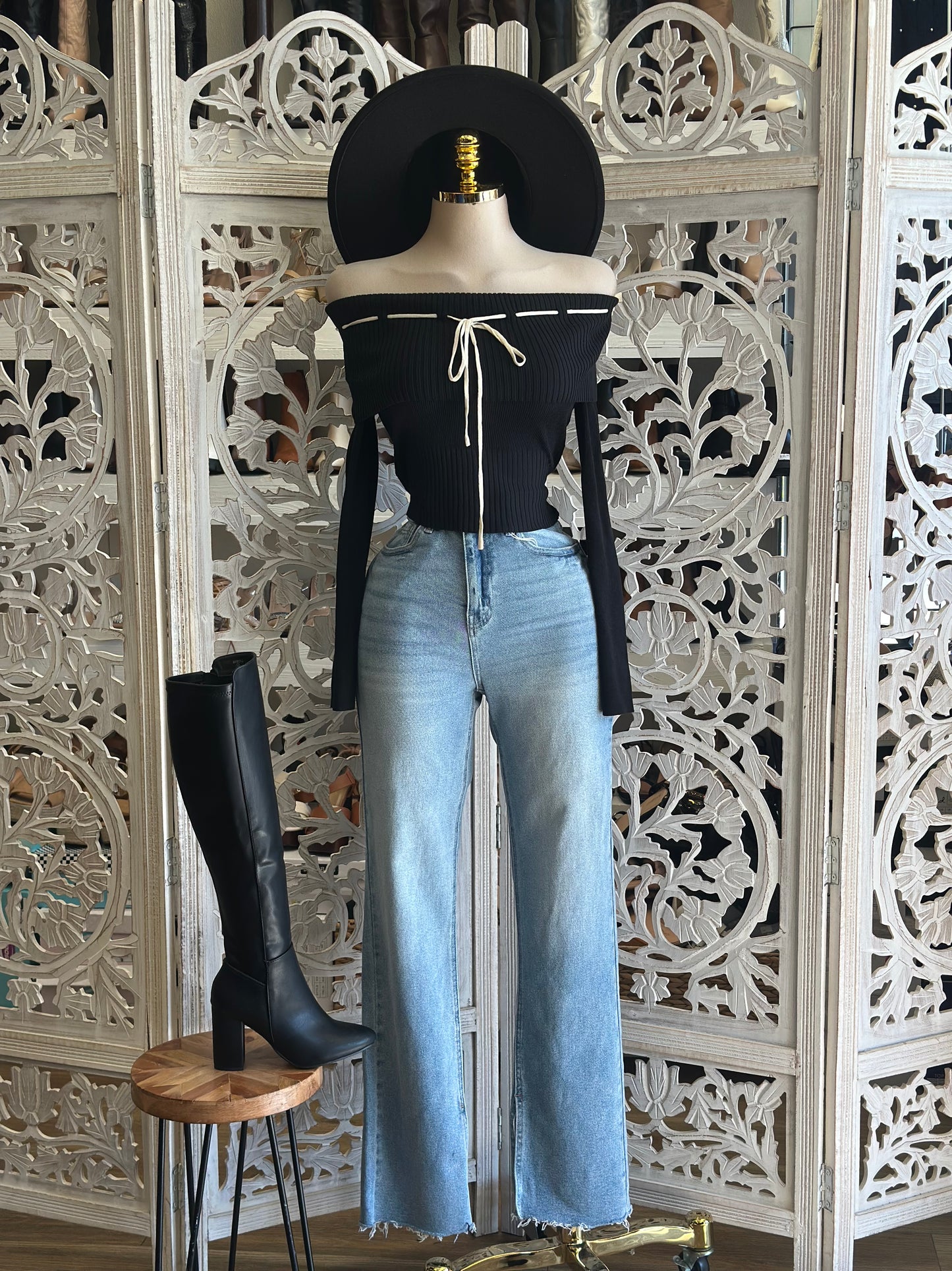 Black Off Shoulder Ribbed Ribbon Top- Estira, Stretchy