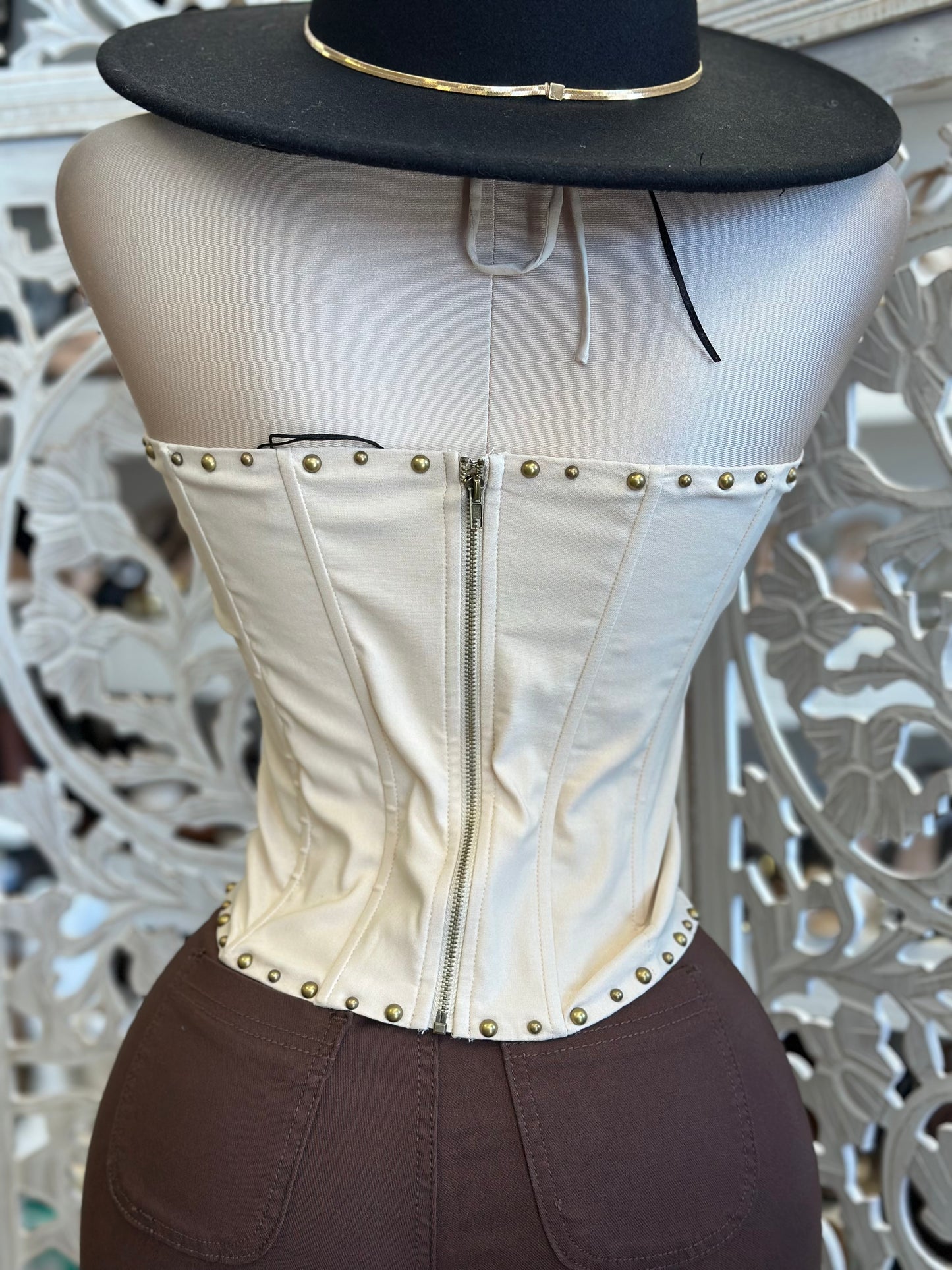 Ivory Tie Up Embroidered Western Corset- Estira, Stretchy
