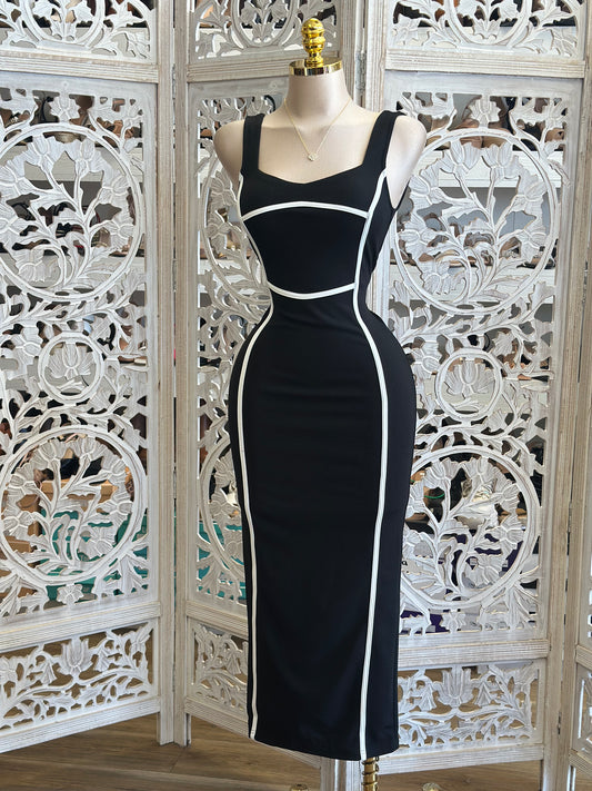 Svoop Back White Lined Midi Dress- Stretchy, Estira