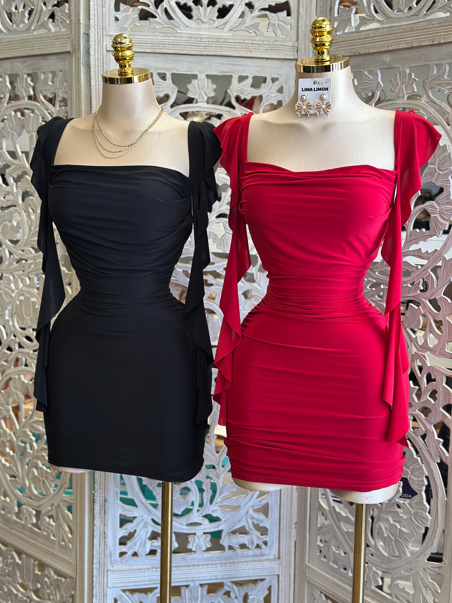 Mini Ruffle Sleeve Dress- Stretchy ,Estira