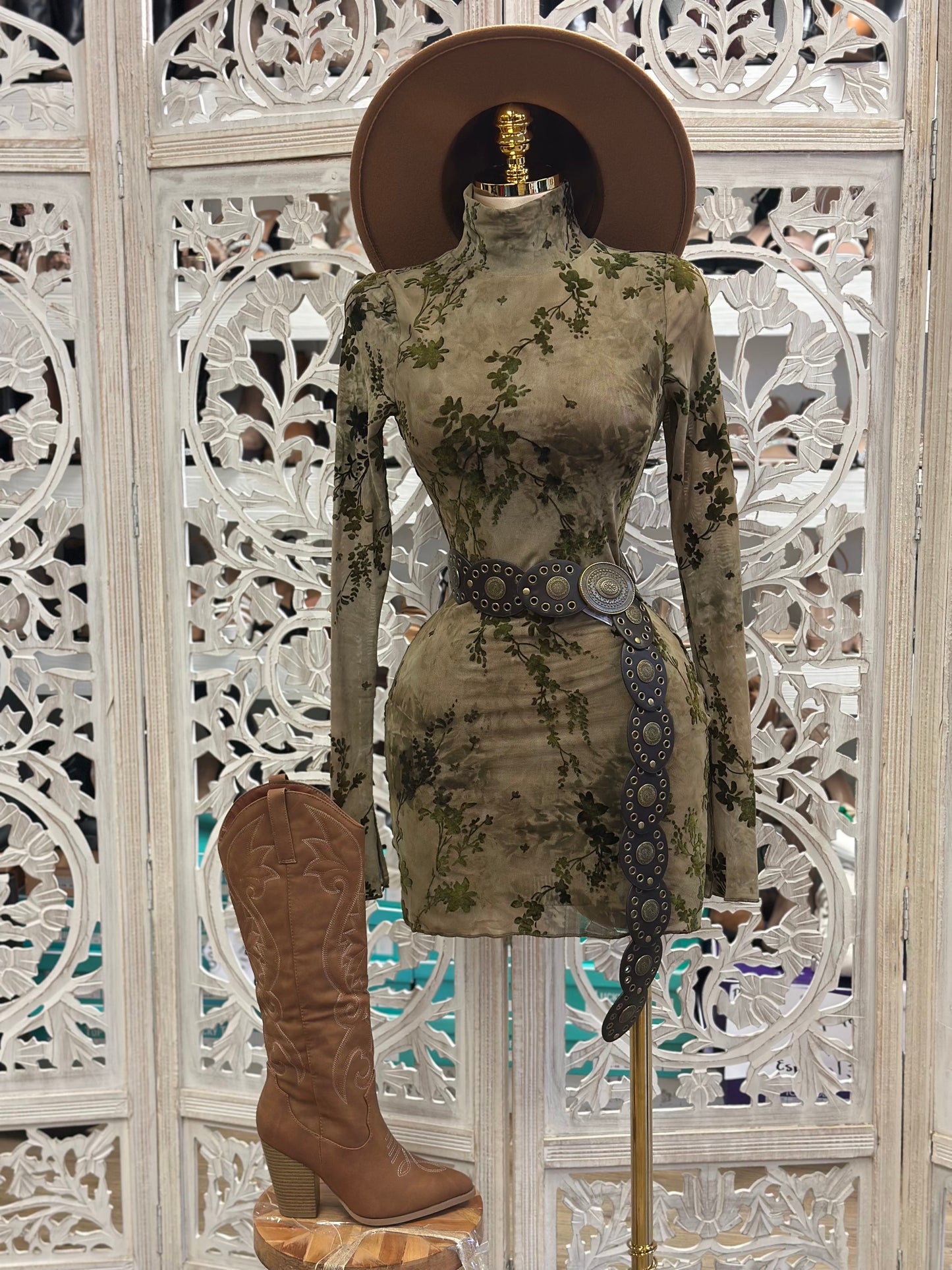 Green Suede Floral Mini Dress- Stretchy,Estira