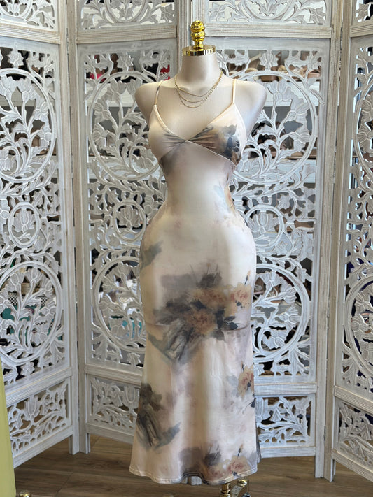 Liza Flower Painted Midi Dress- Stretchy,Estira