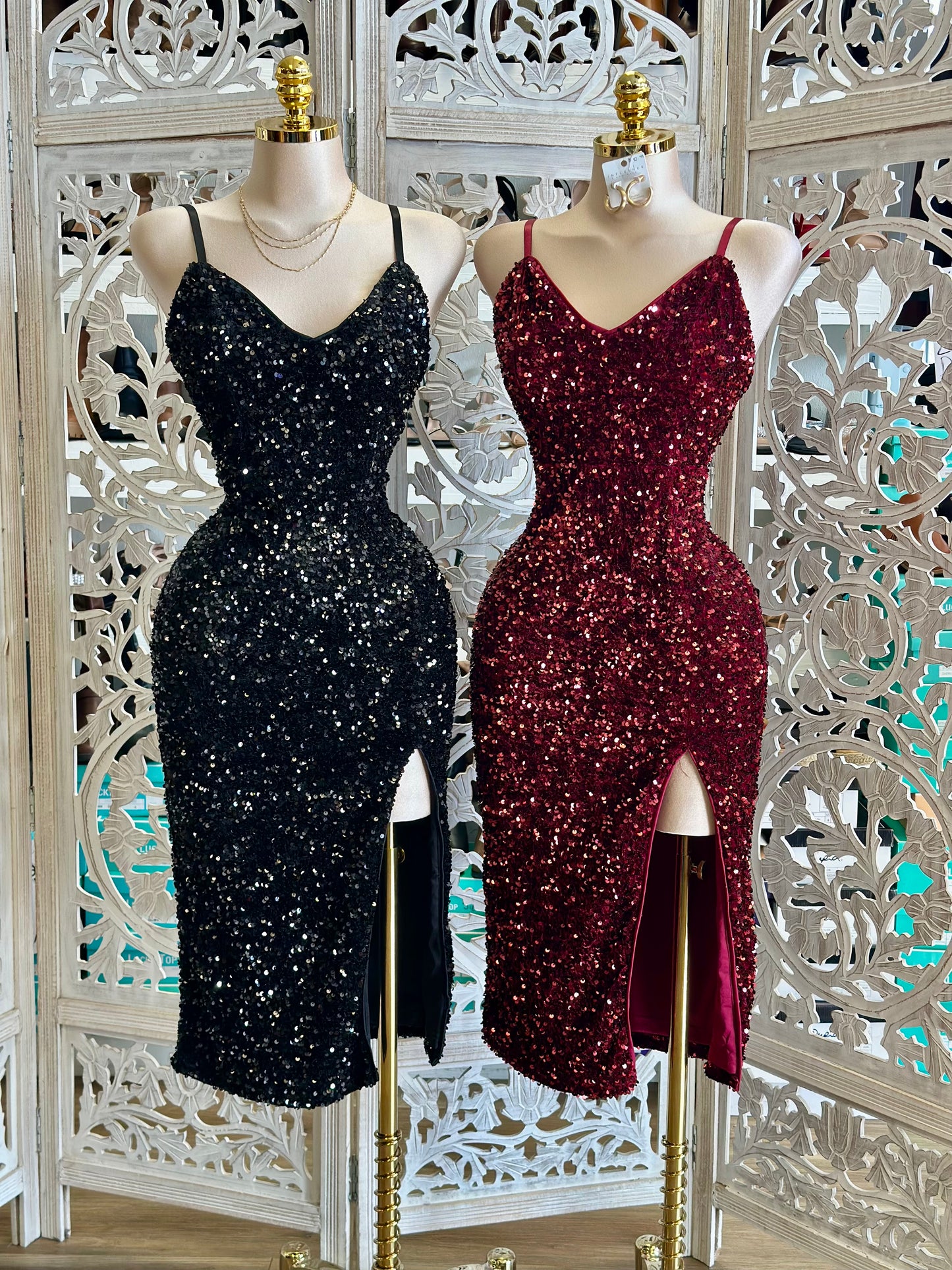 Sequin Cami Slit Dress- Stretchy,Estira