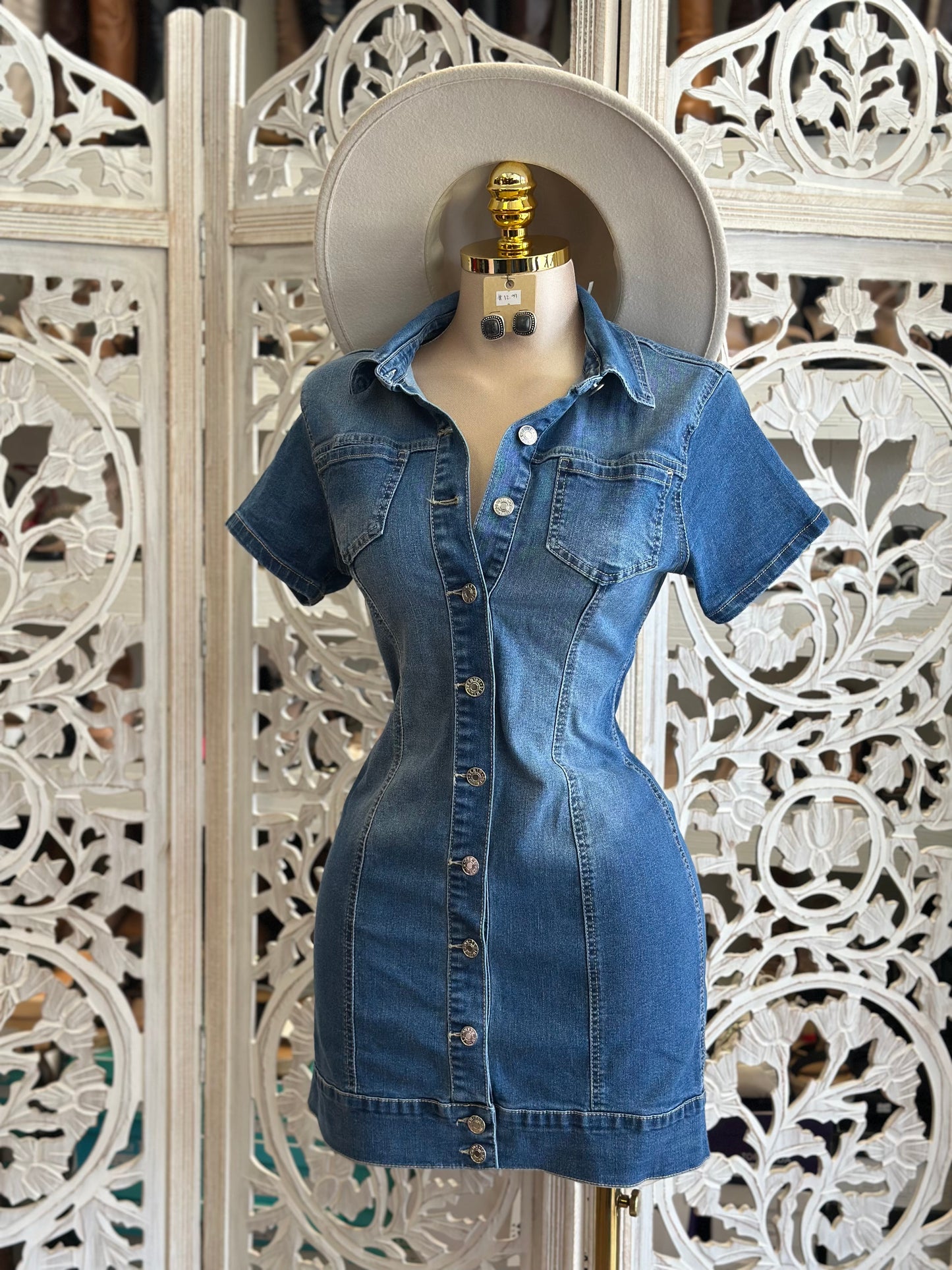 Denim Button Up Short Sleeve Dress -Estira, Stretchy