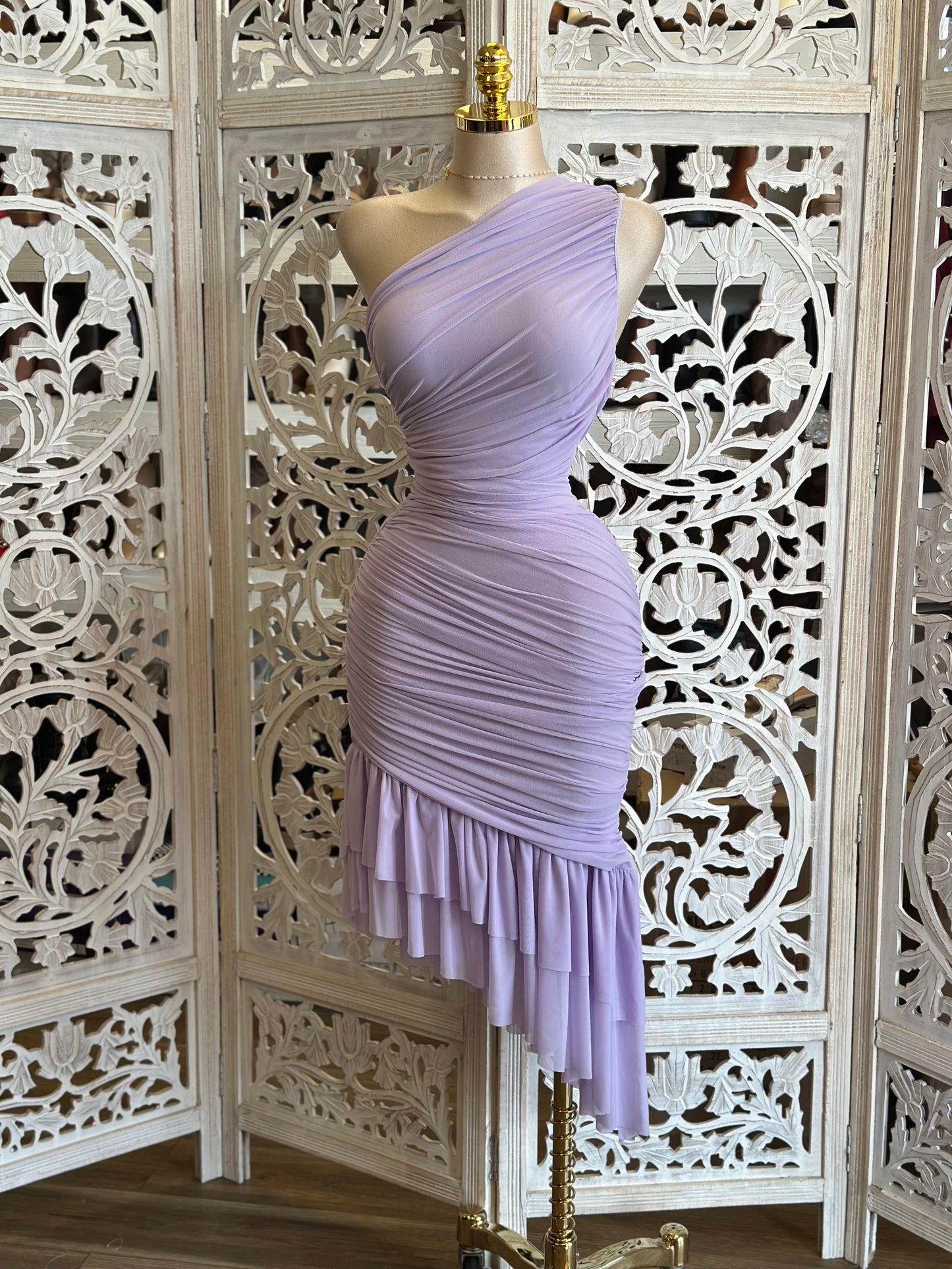 Lilac One Sleeve Wrapped Dress-Stretchy,Estira