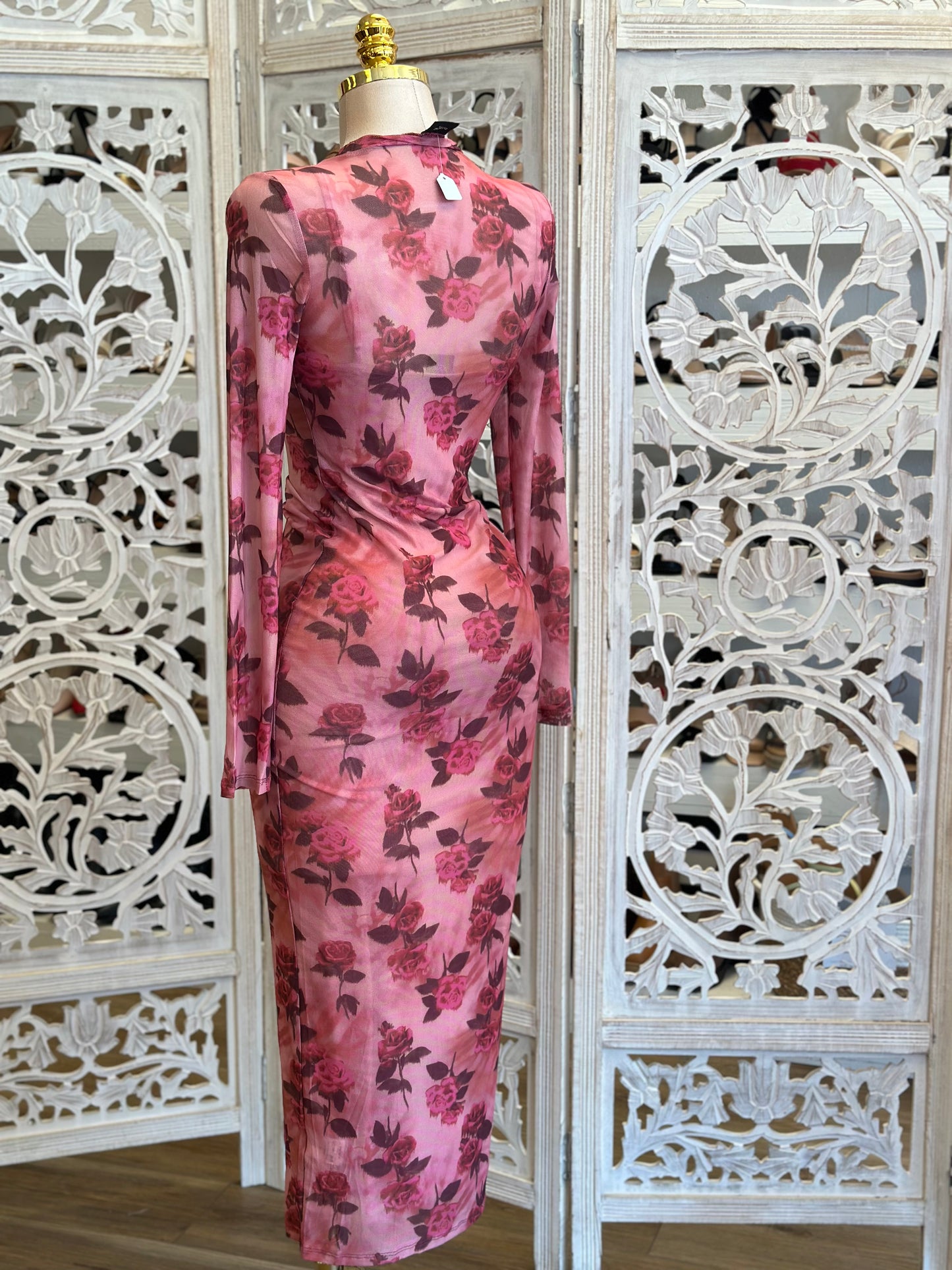 Mesh Long Sleeve Midi Floral Dress - Estira, Stretchy