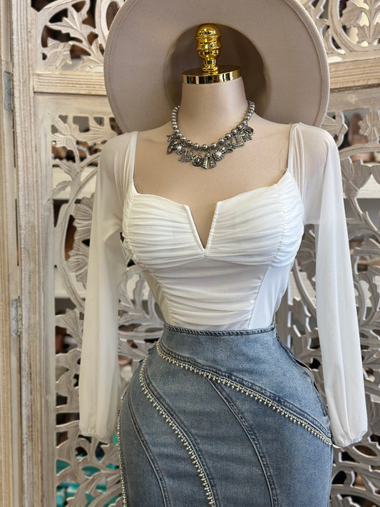 White V Ruched Off Shoulder Top- Estira, Stretchy