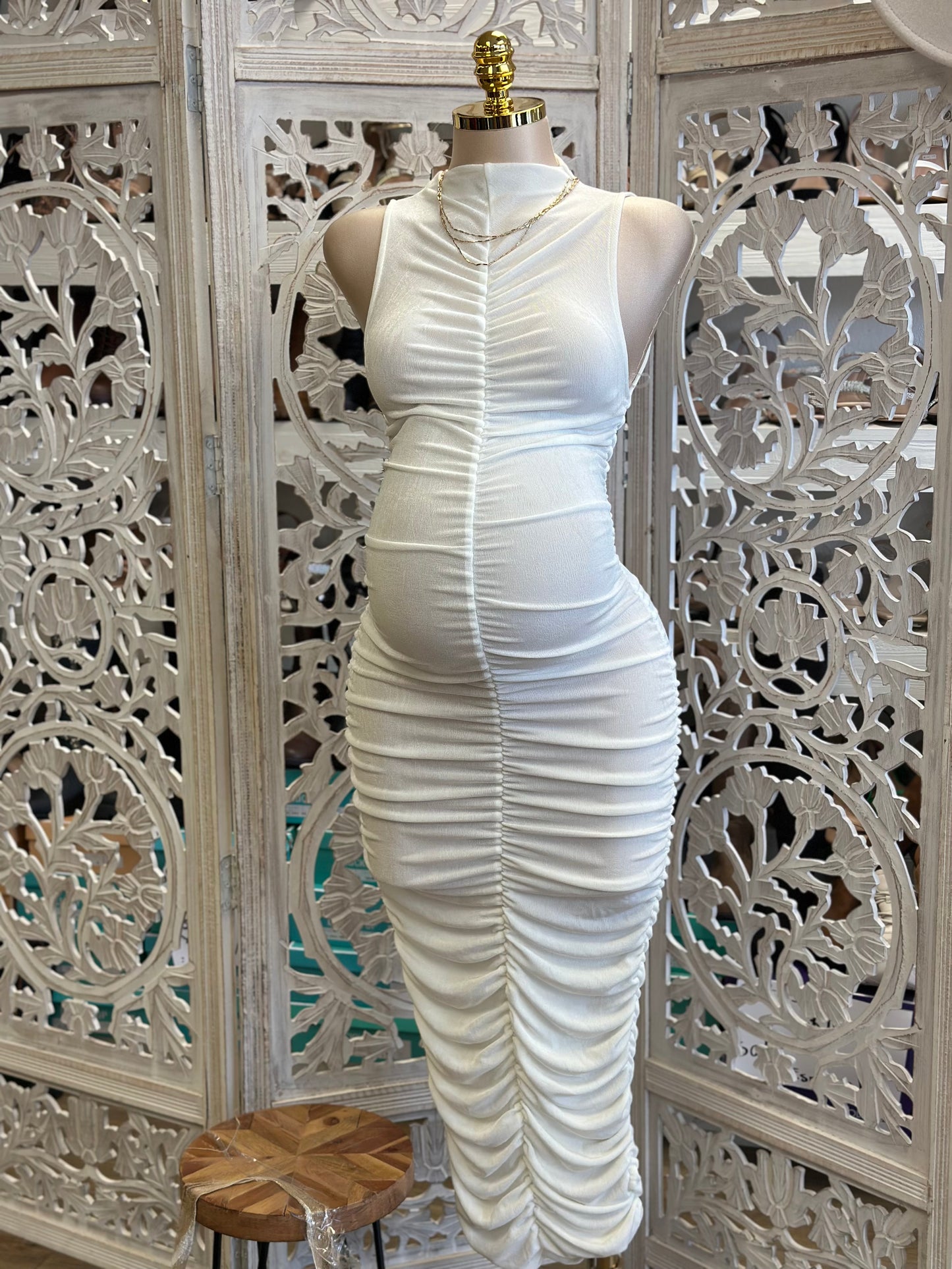 White Mock Neck Midi Ruched Dress- Stretchy,Estira