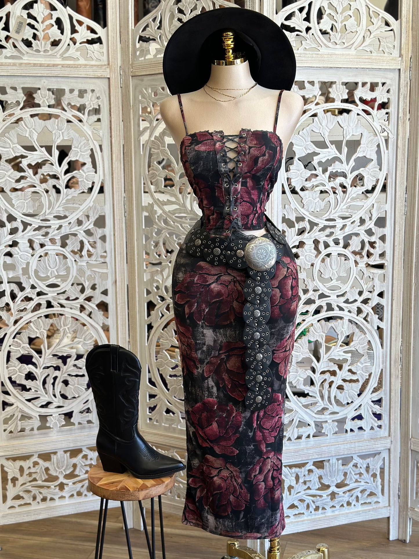 Burgundy Floral Tie Up Set- Stretchy, Estira
