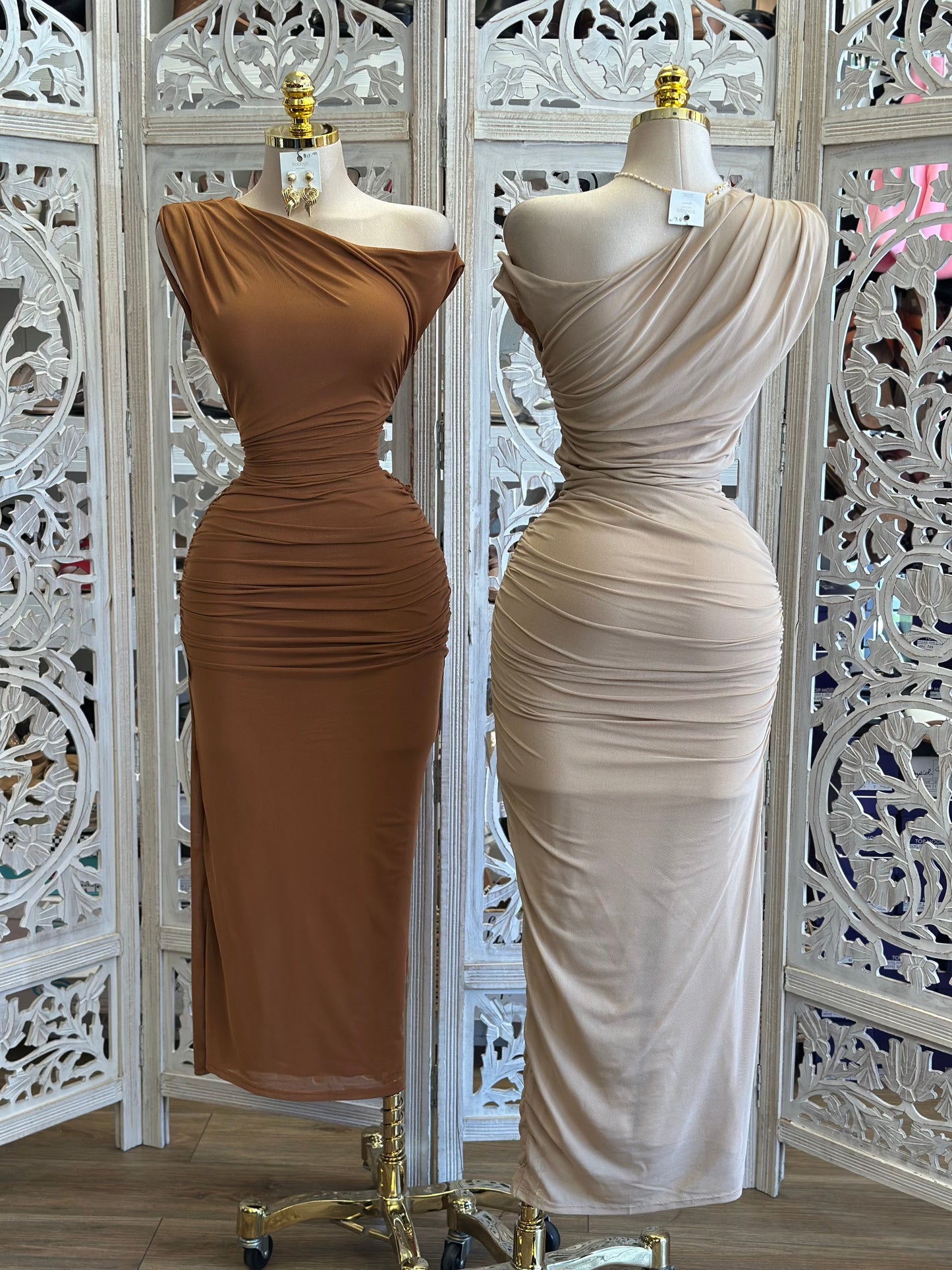 Asymmetrical Draped Neutral Dress - Estira, Stretchy