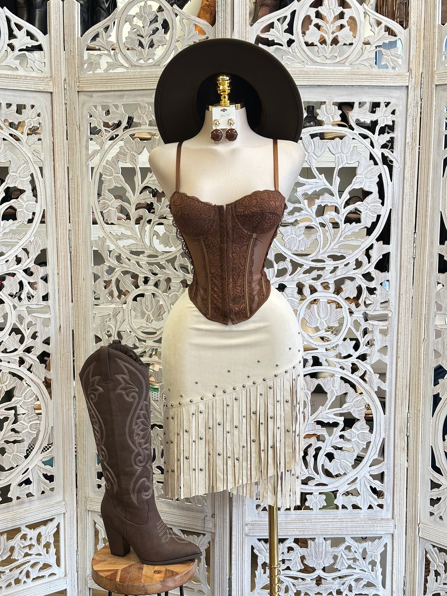 Natural Cream Studded Skirt- Estira, Stretchy