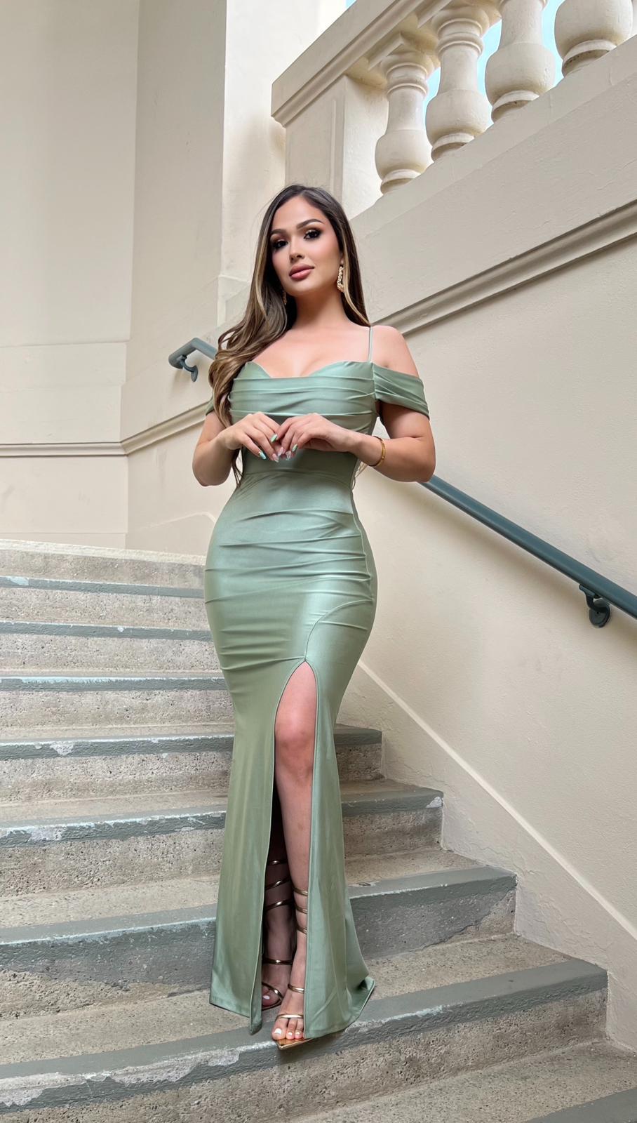 Green Pearl Wrapped Off Shoulder Gown- Stretchy, Estira