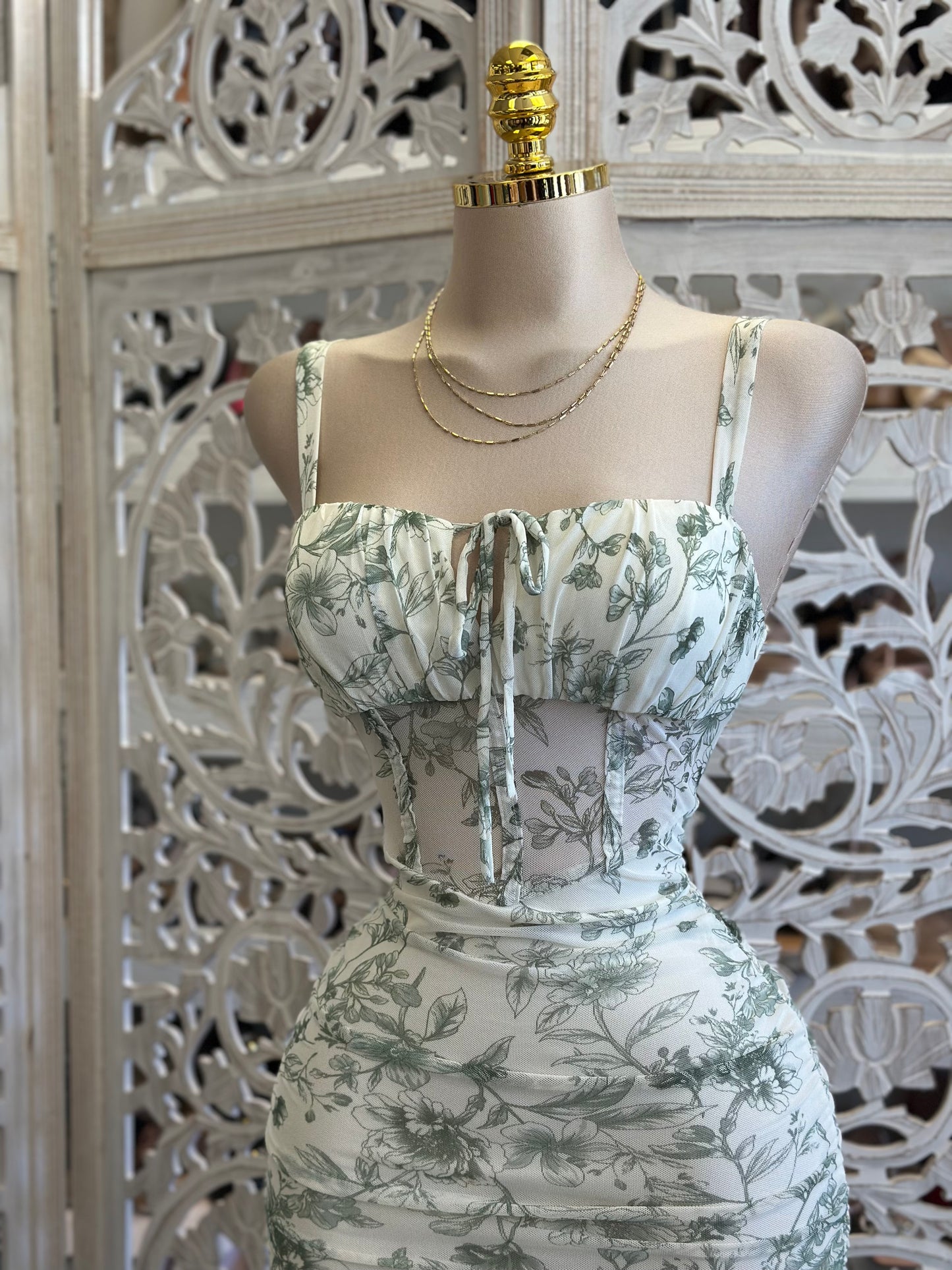 Sage Flowers Ruched Midi Bodycon Dress-Estira ,Stretchy