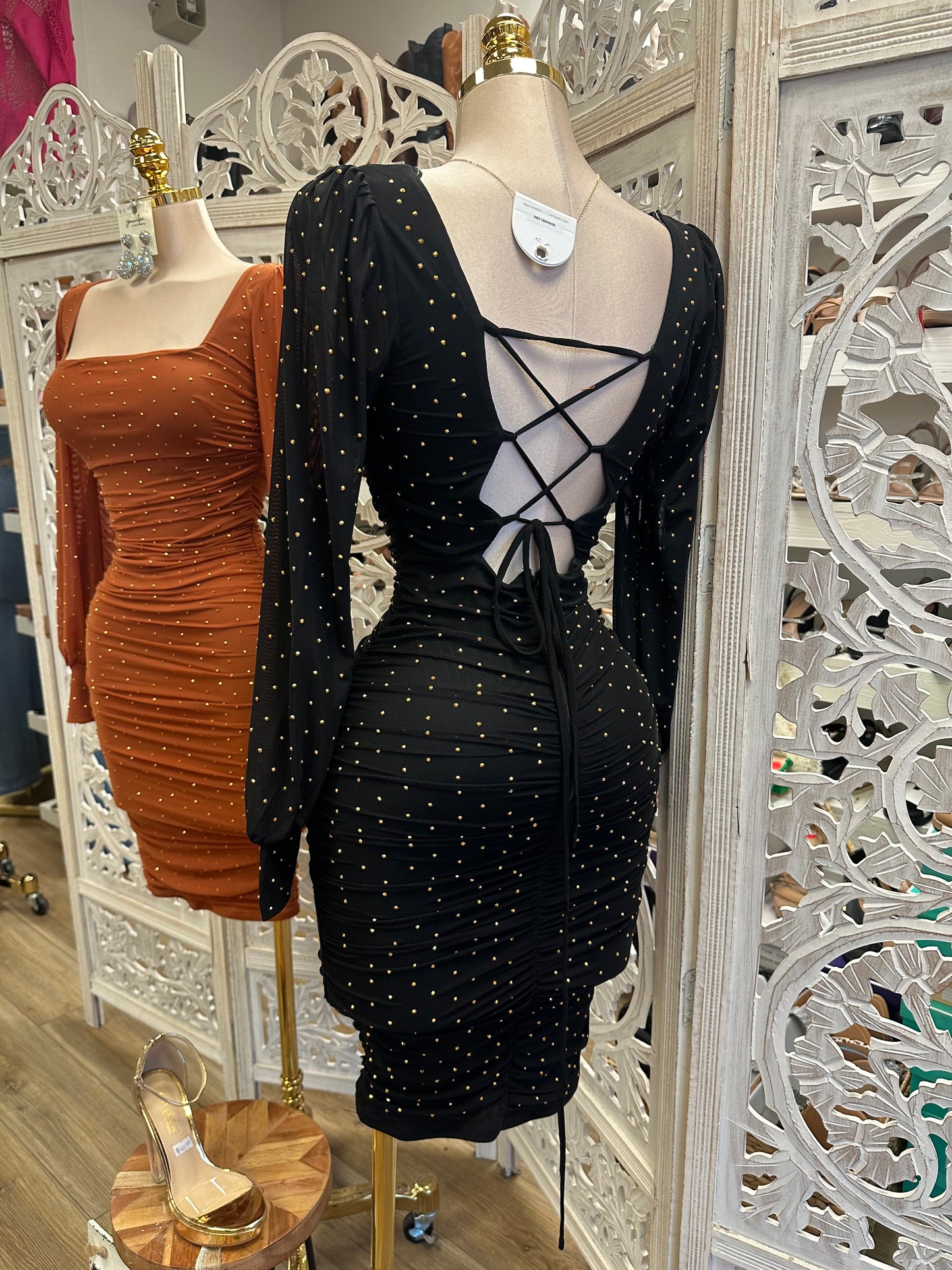 Square Neck Rhinestone Mini Dress- Stretchy,Estira