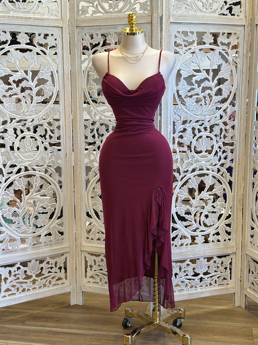 Burgundy Draped Ruffle Midi Dress-Estira, Stretchy
