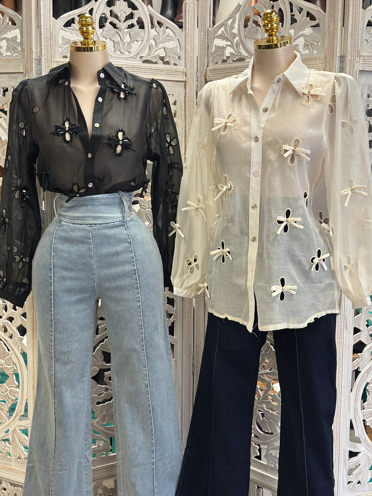 Eyelet Button Up Blouse- Estira, Stretchy