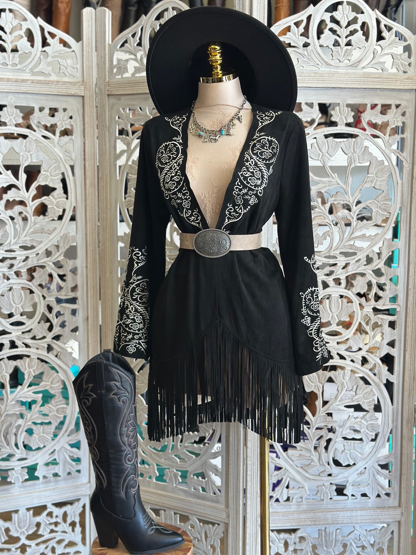 Black Suede Embroidered Fringe Cardigan - Stretchy, Estira