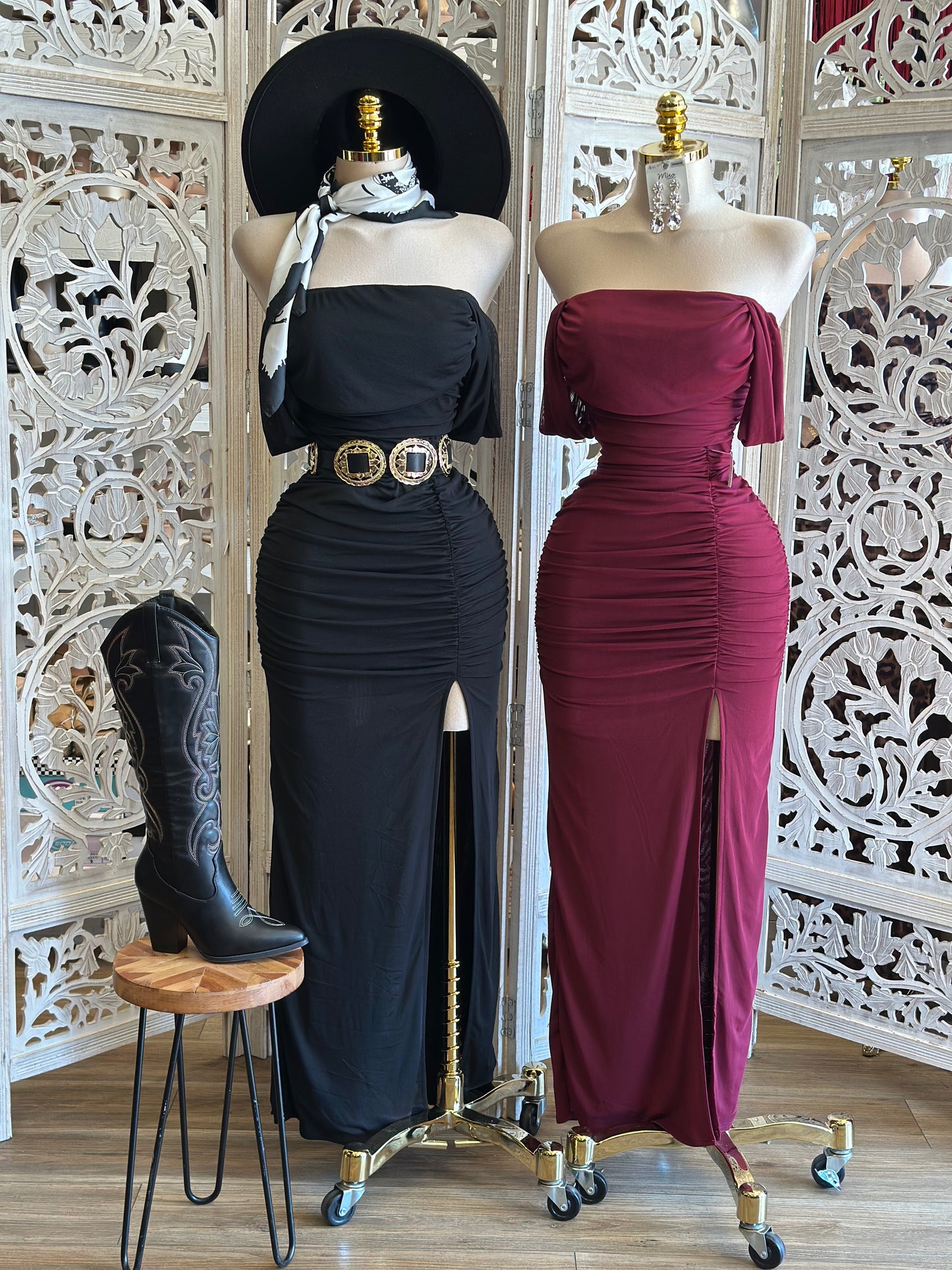 Ruched Off Shoulder High Slit Dress- Stretchy,Estira