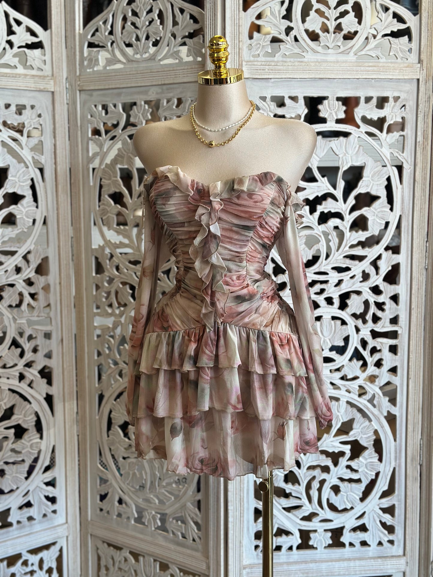 Brushed Floral Ruffled Mini Dress- Stretchy, Estira