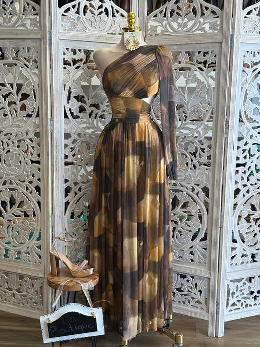 One Sleeve Pleated Pattern Dress- Stretchy,Estira