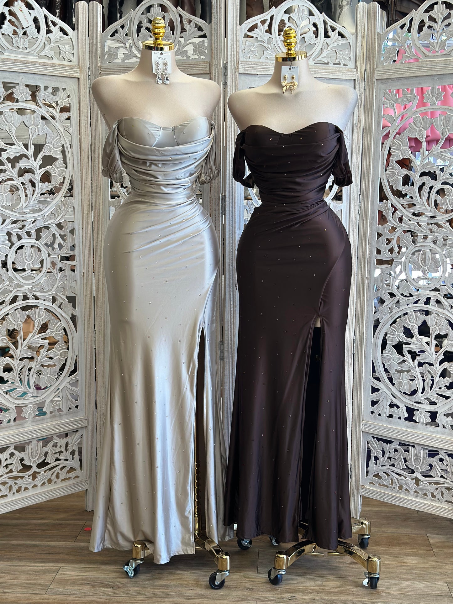 Off Shoulder Bedazzled Gown- Estira , Stretchy