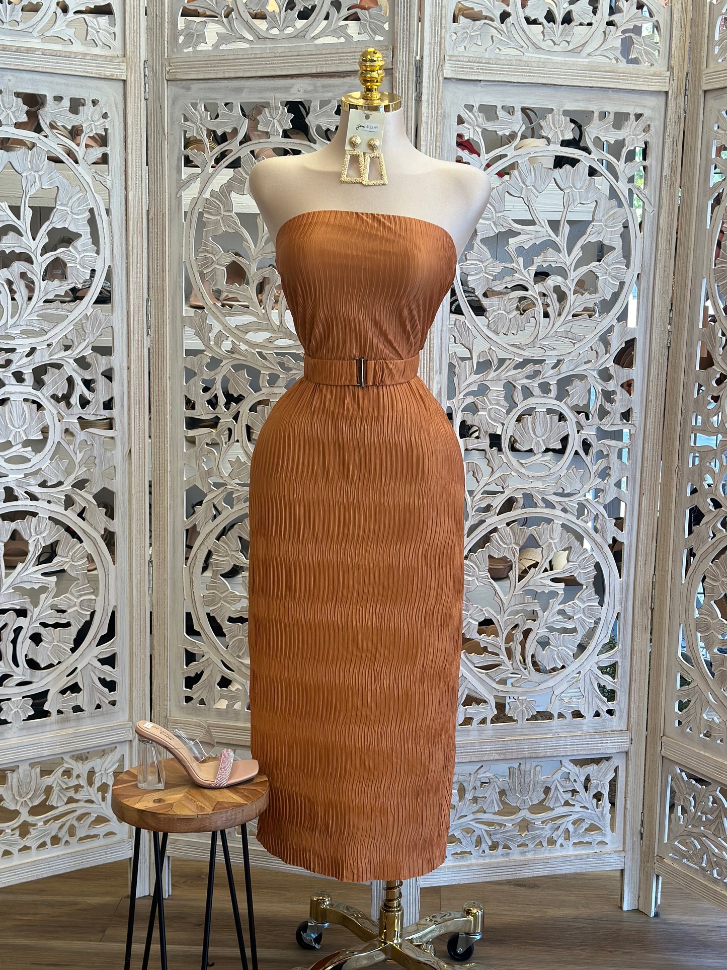 Pleated Rust Strapless Dress - Estira, Stretchy