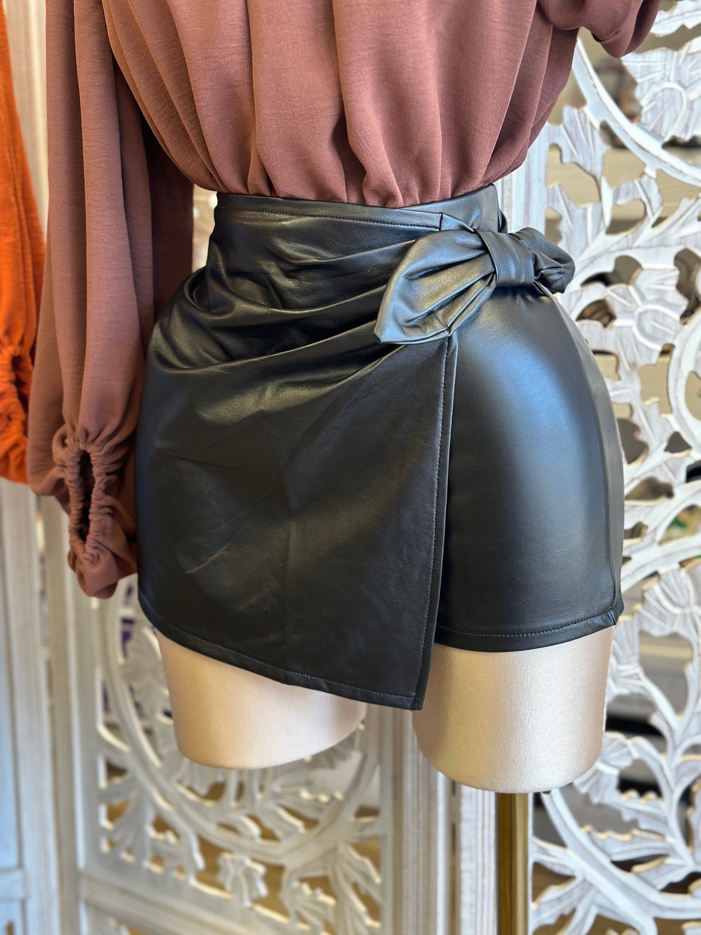 Faux Leather Wrapped Skort- Estira, Stretchy