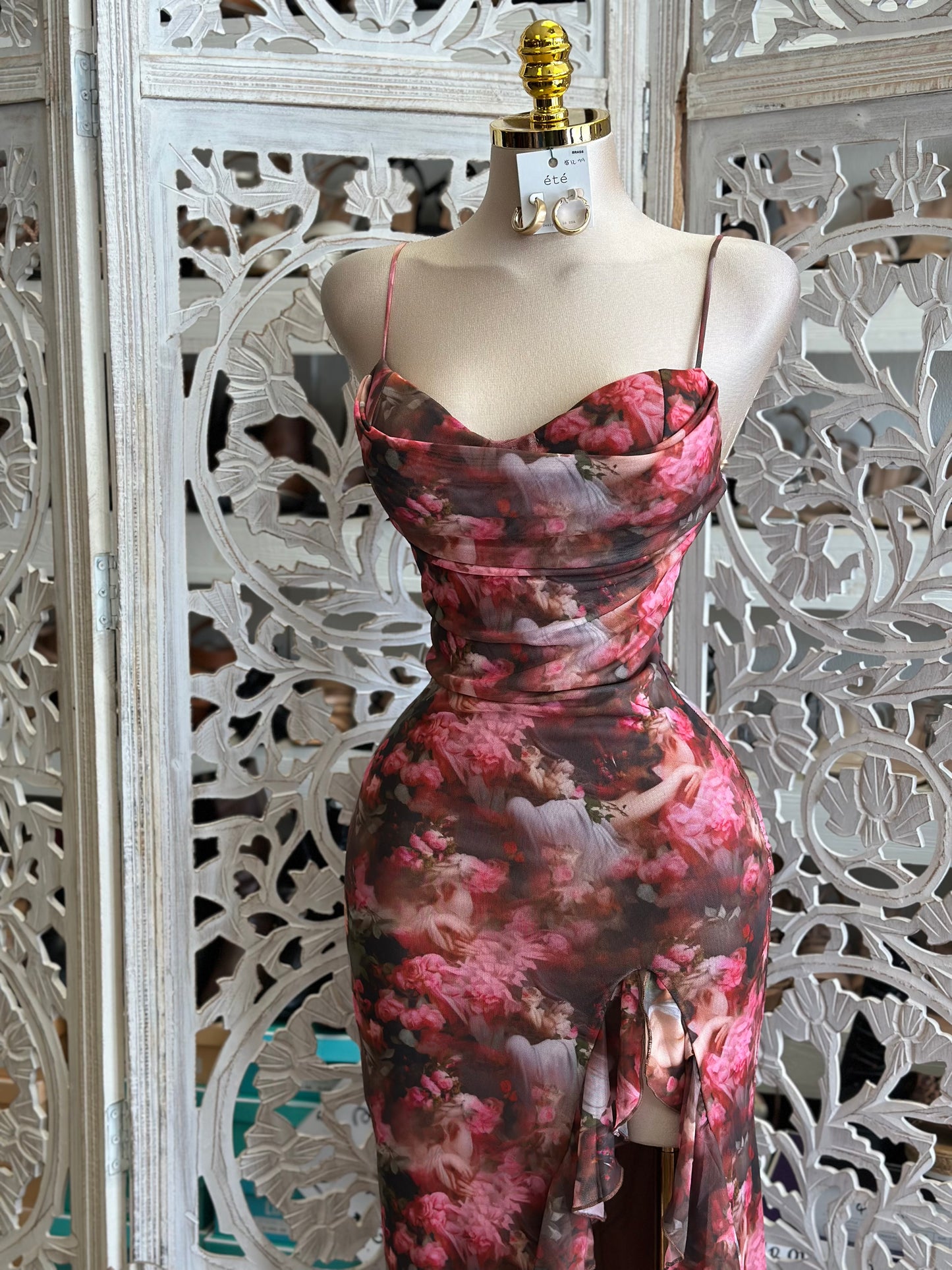 Cowl Neck Angel Pattern Midi Dress- Stretchy,Estira