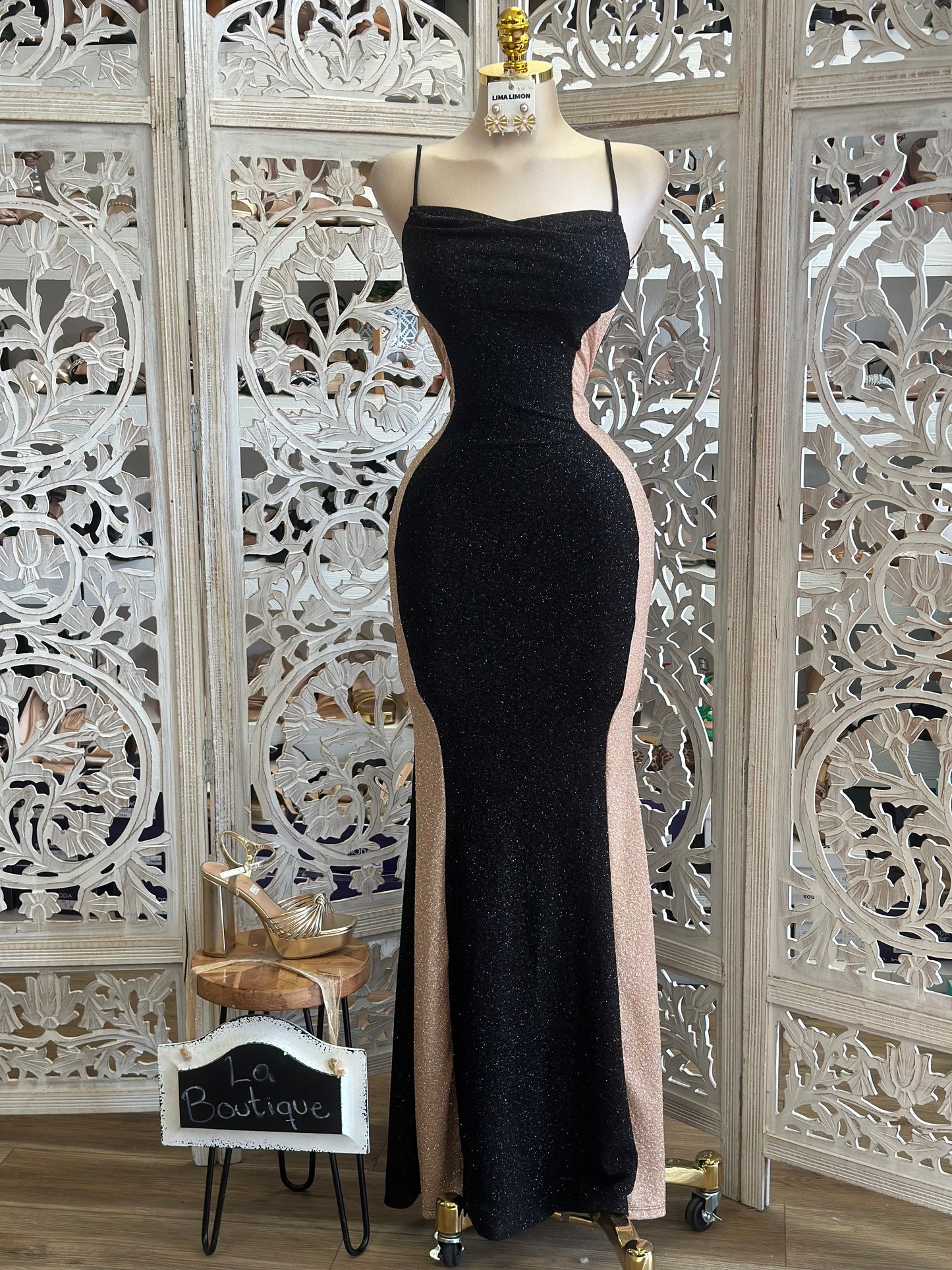 Curvy Lined Glitter Formal Dress- Stretchy,Estira