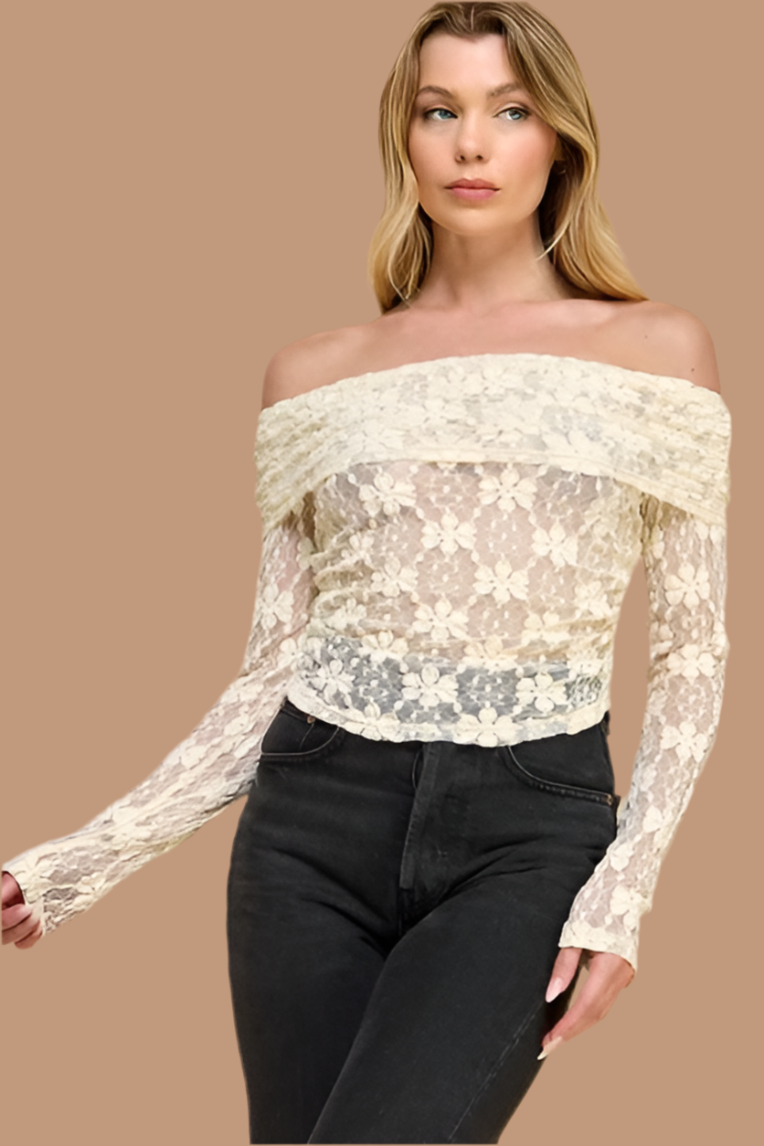 Ivory Lace Off Shoulder Blouse- Estira, Stretchy