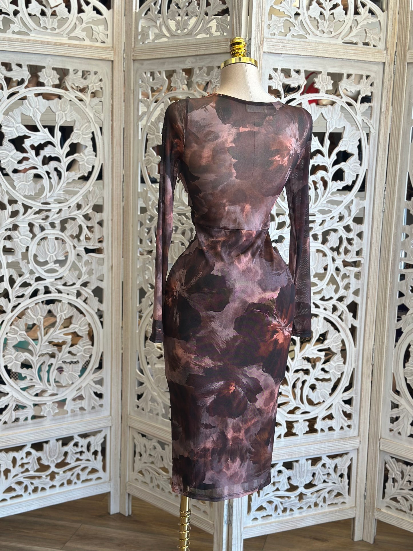 Floral Mesh Bow Midi Dress- Stretchy,Estira
