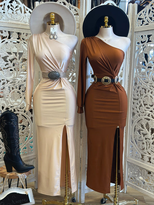 One Sleeve Knotted Midi Dress - Estira, Stretchy