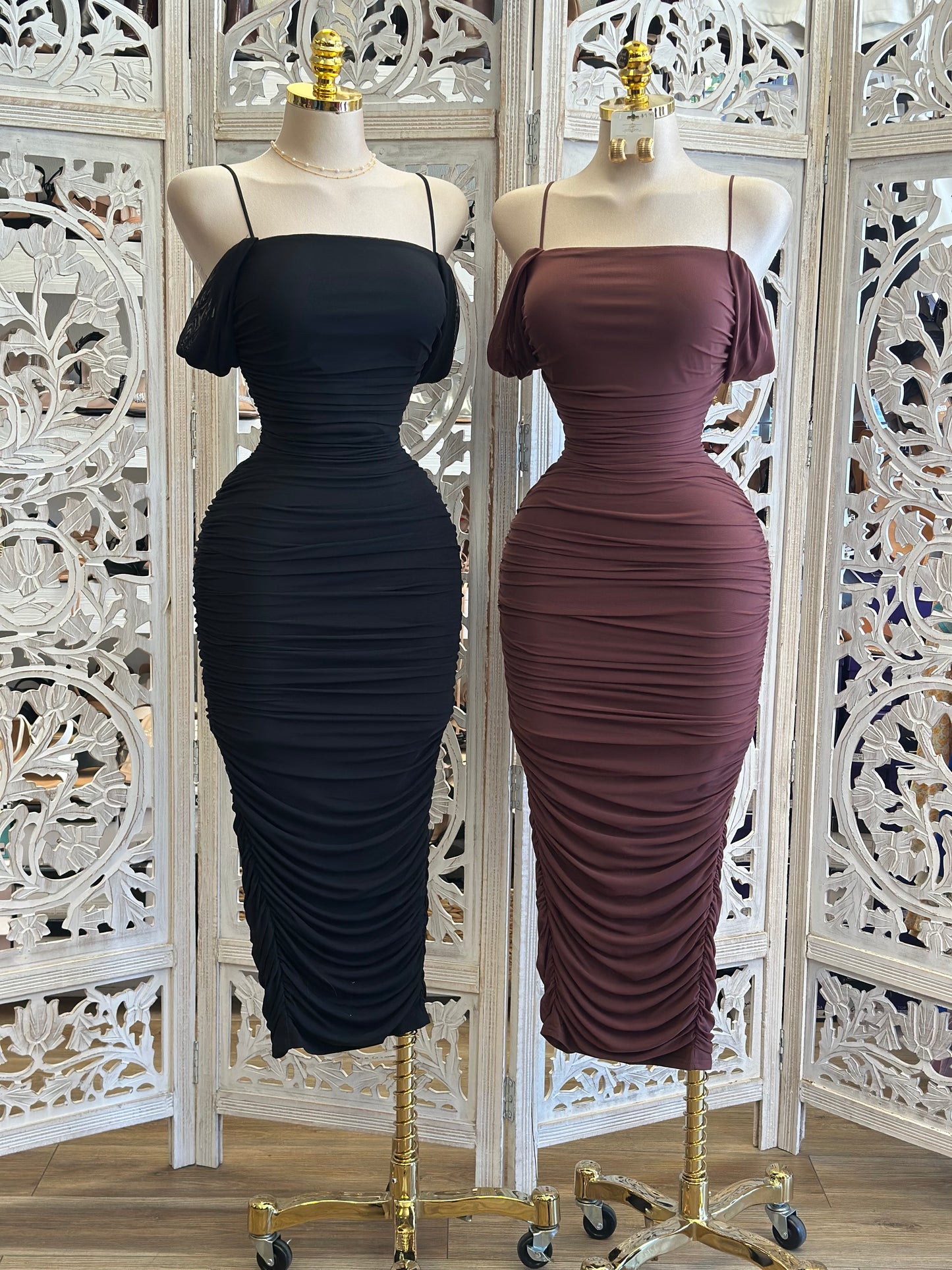 Off Shoulder Ruched Midi Dress- Stretchy