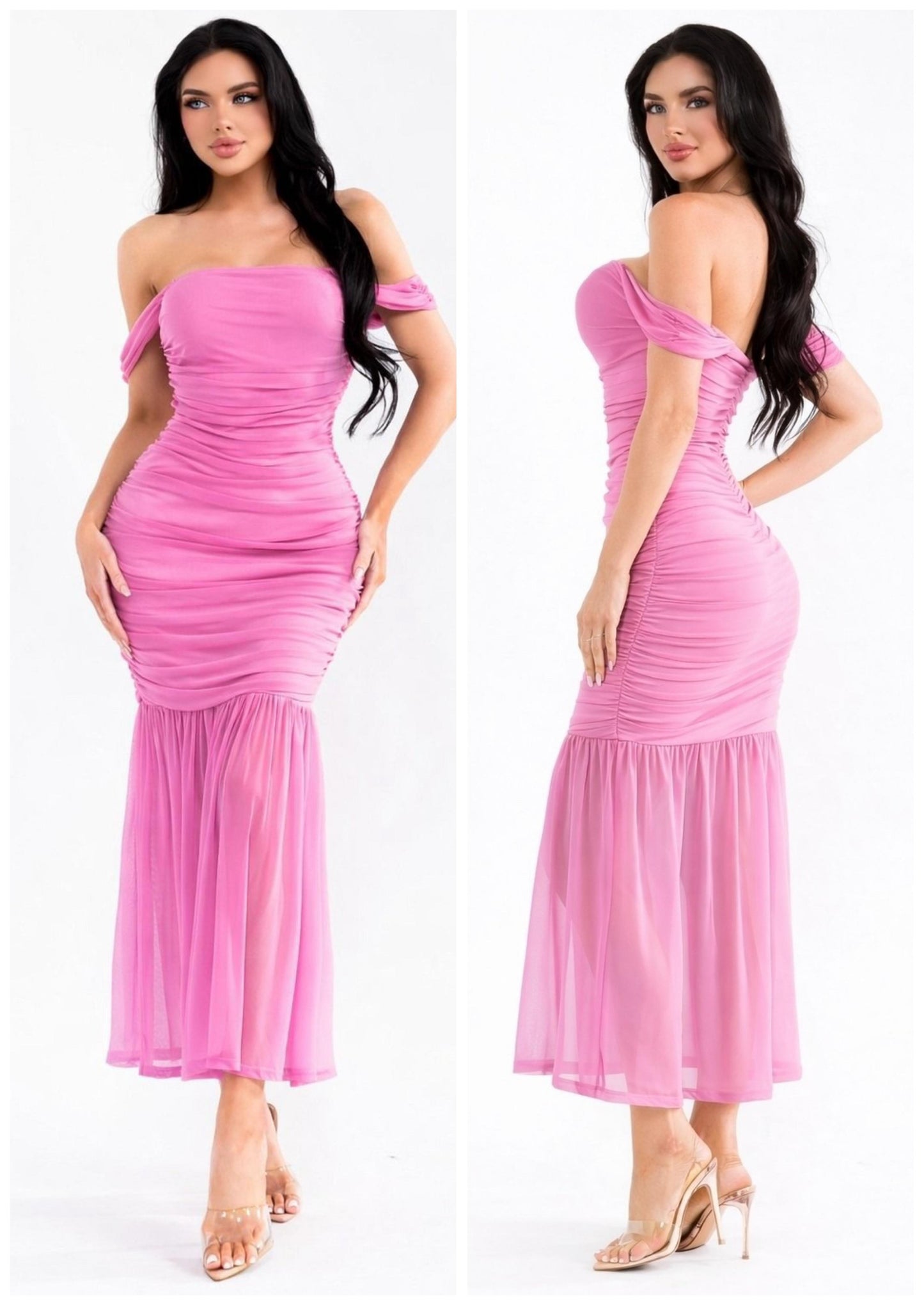 Off Shoulder Ruched Dress -Estira, Stretchy