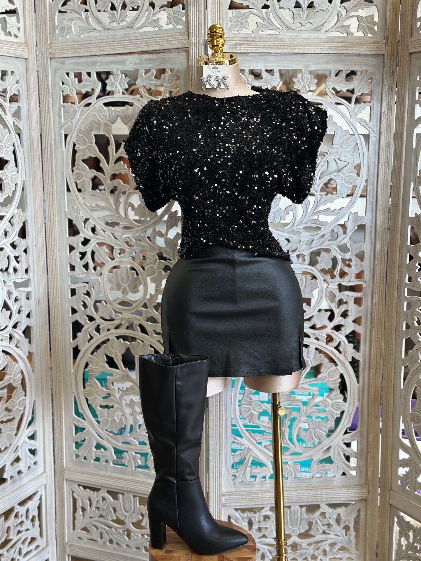Black Sequin Short Sleeve Blouse- Estira, Stretchy