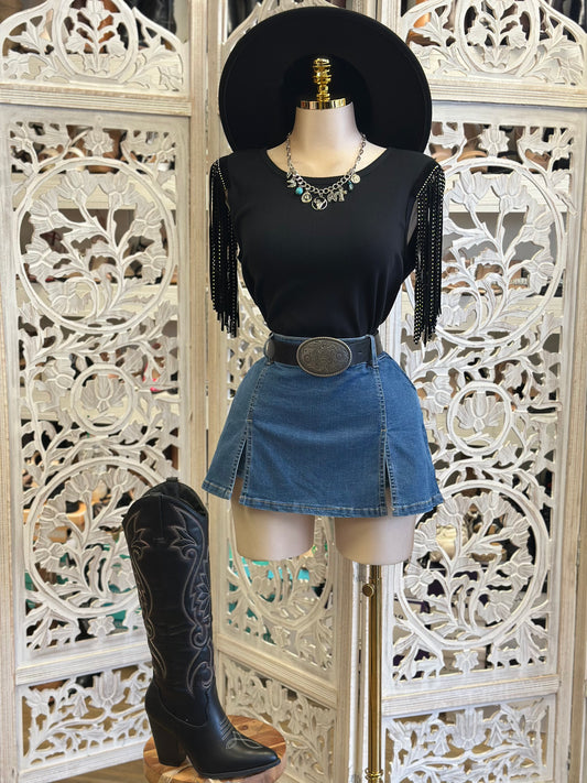 Beaded Fringe Ribbed Blouse- Estira, Stretchy