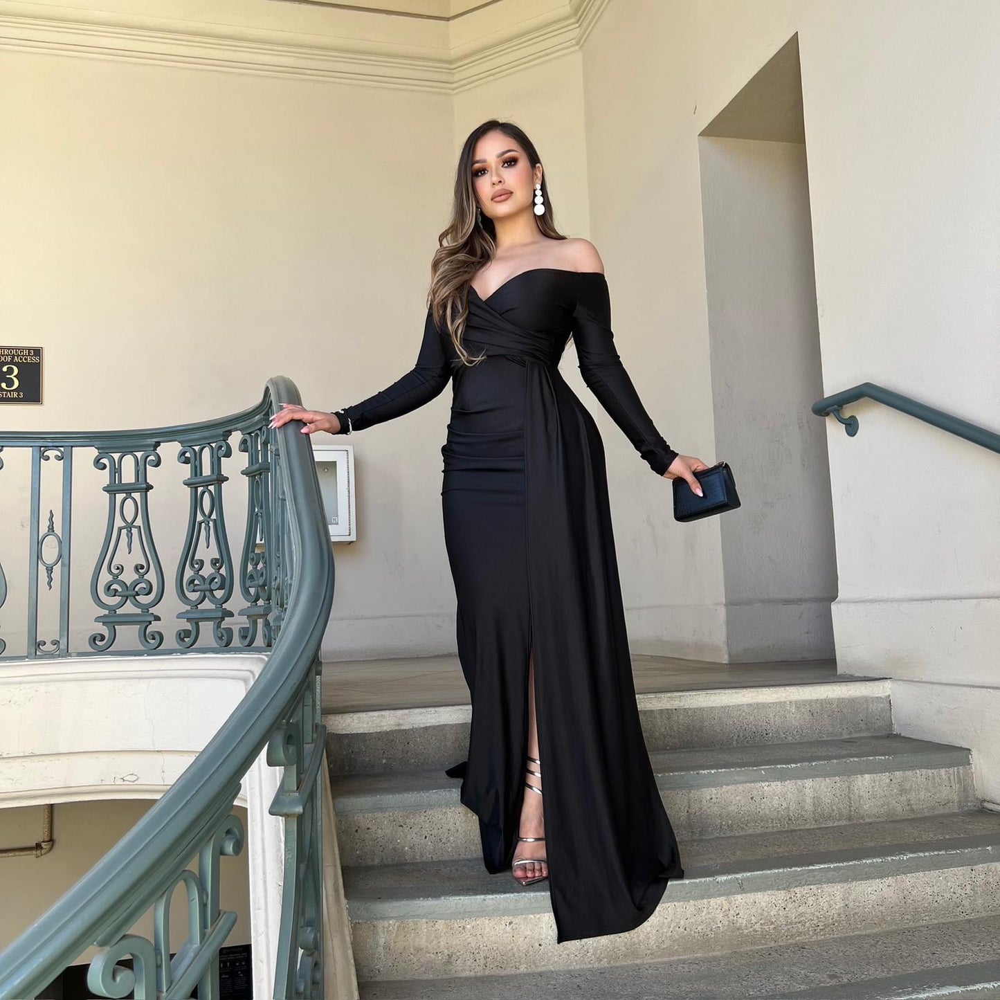 Black Formal High Slit Ruched Dress- Stretchy,Estira