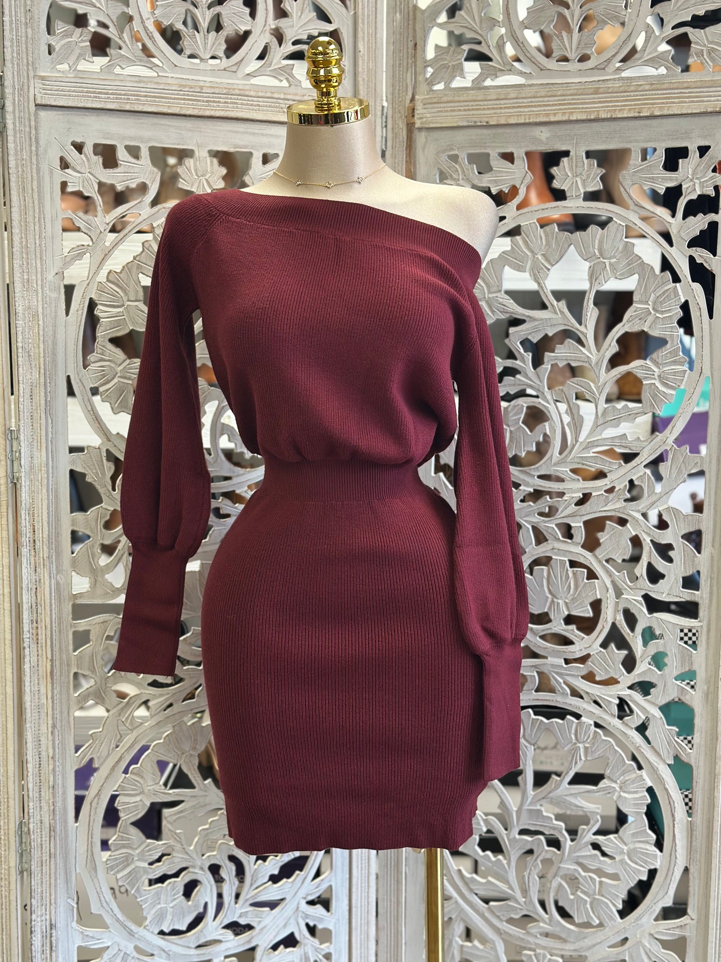 Draped Shoulder Burgundy Dress- Stretchy,Estira
