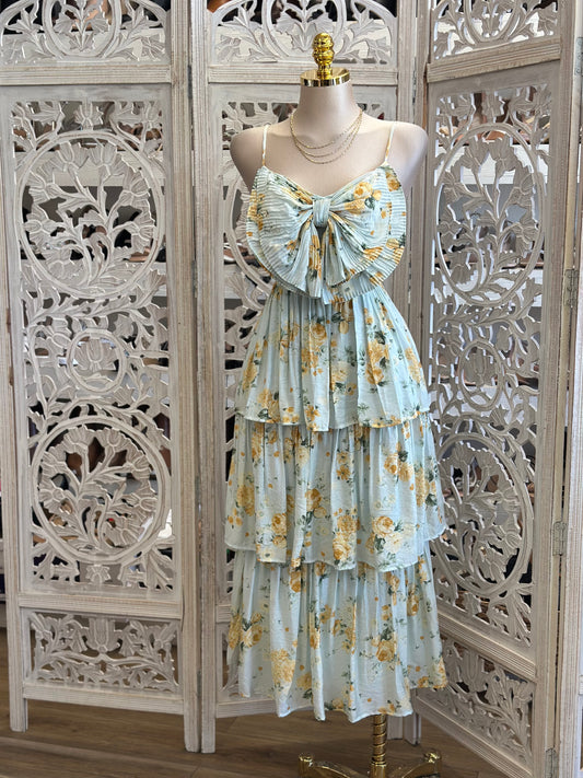 Floral Pleated Bow Dress - No Estira, Not Stretchy