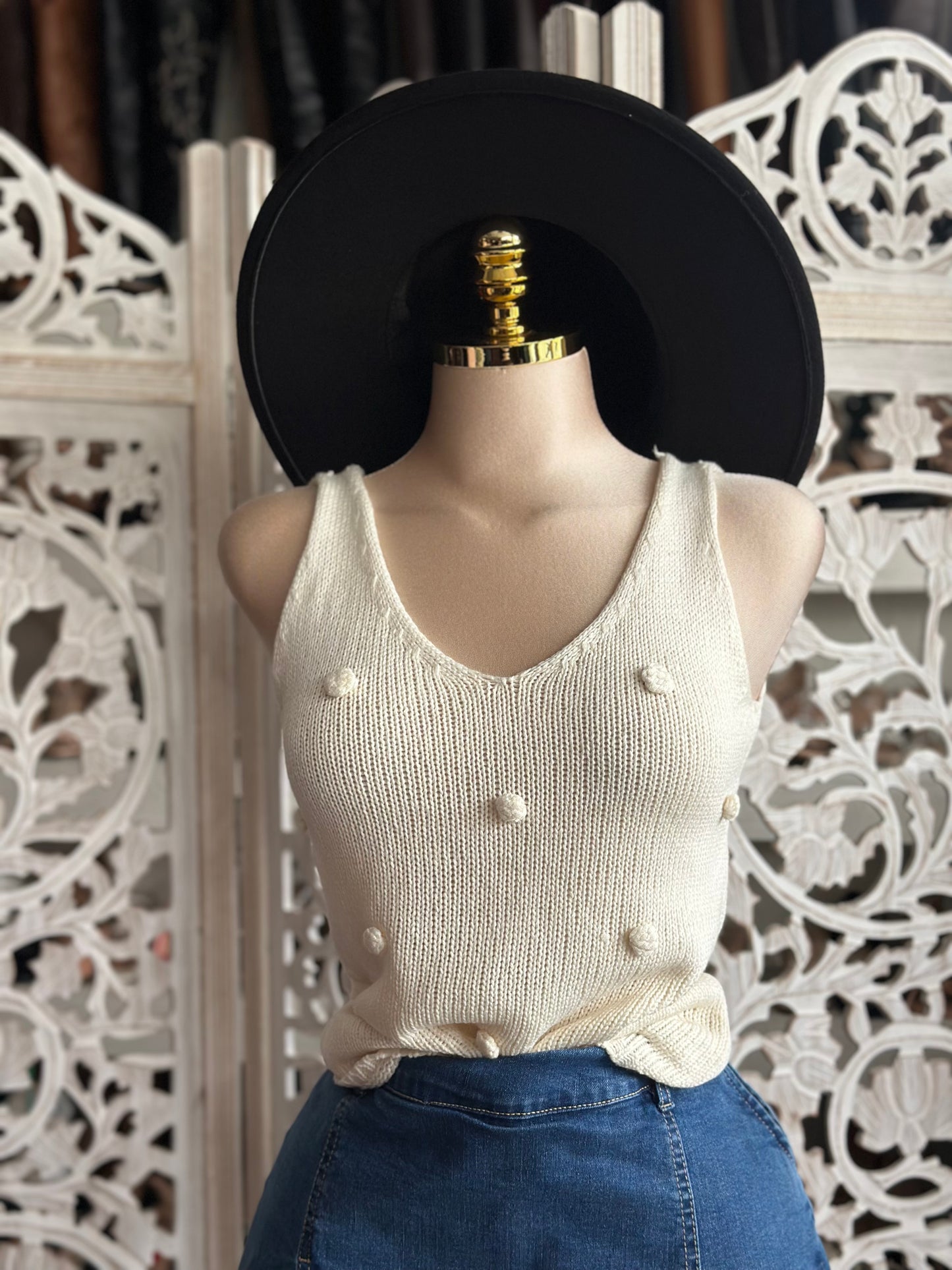 Ivory Knit Dotted Blouse- Estira, Stretchy
