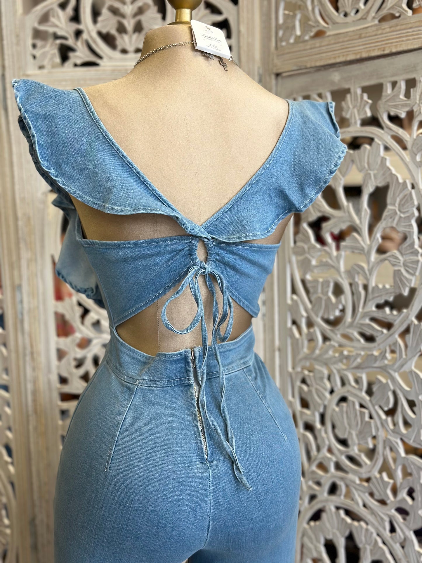 Ruffle Sleeve Light Denim Jumpsuit- Stretchy, Estira