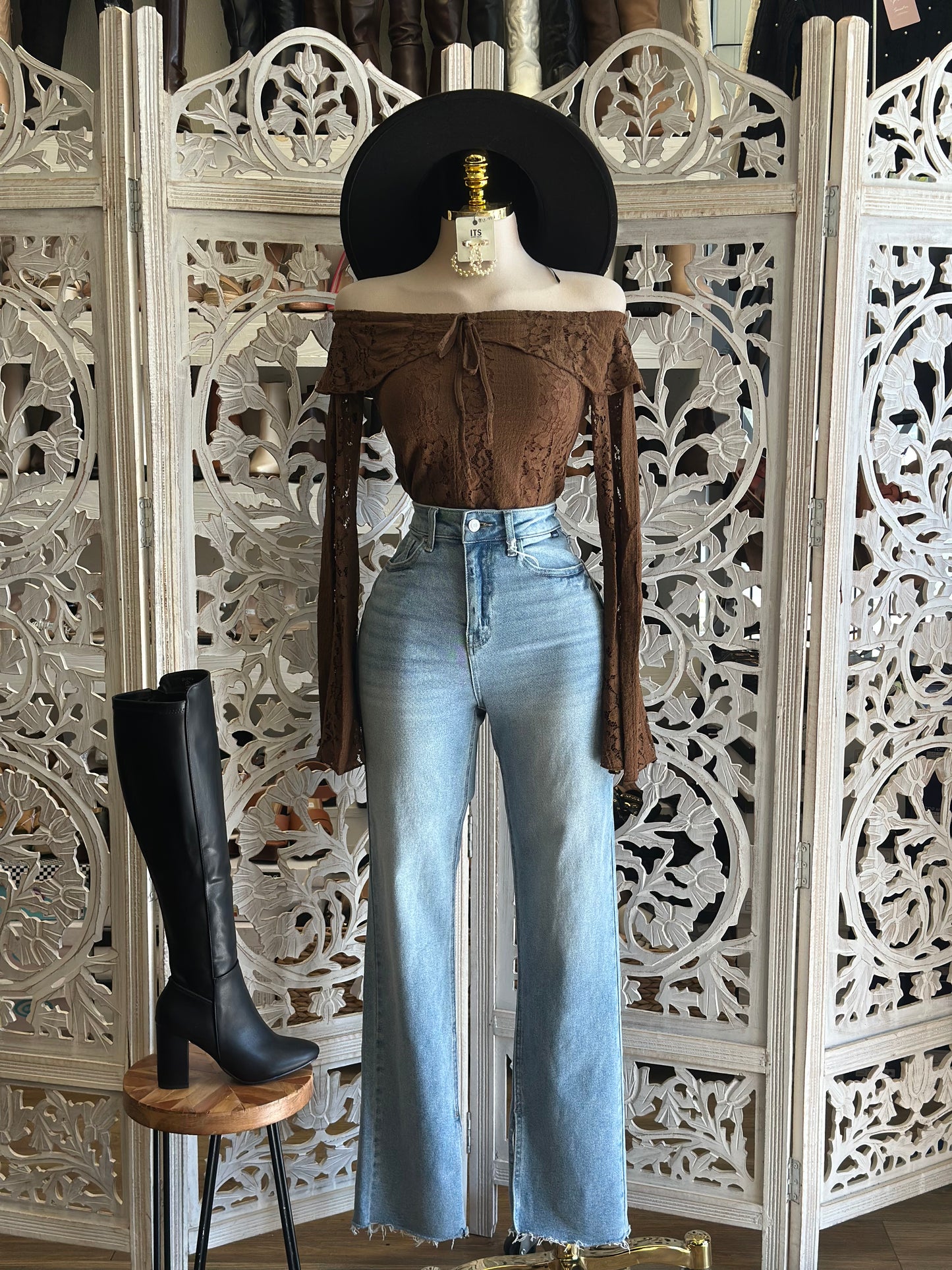 Brown Lace Off Shoulder Top- Estira, Stretchy