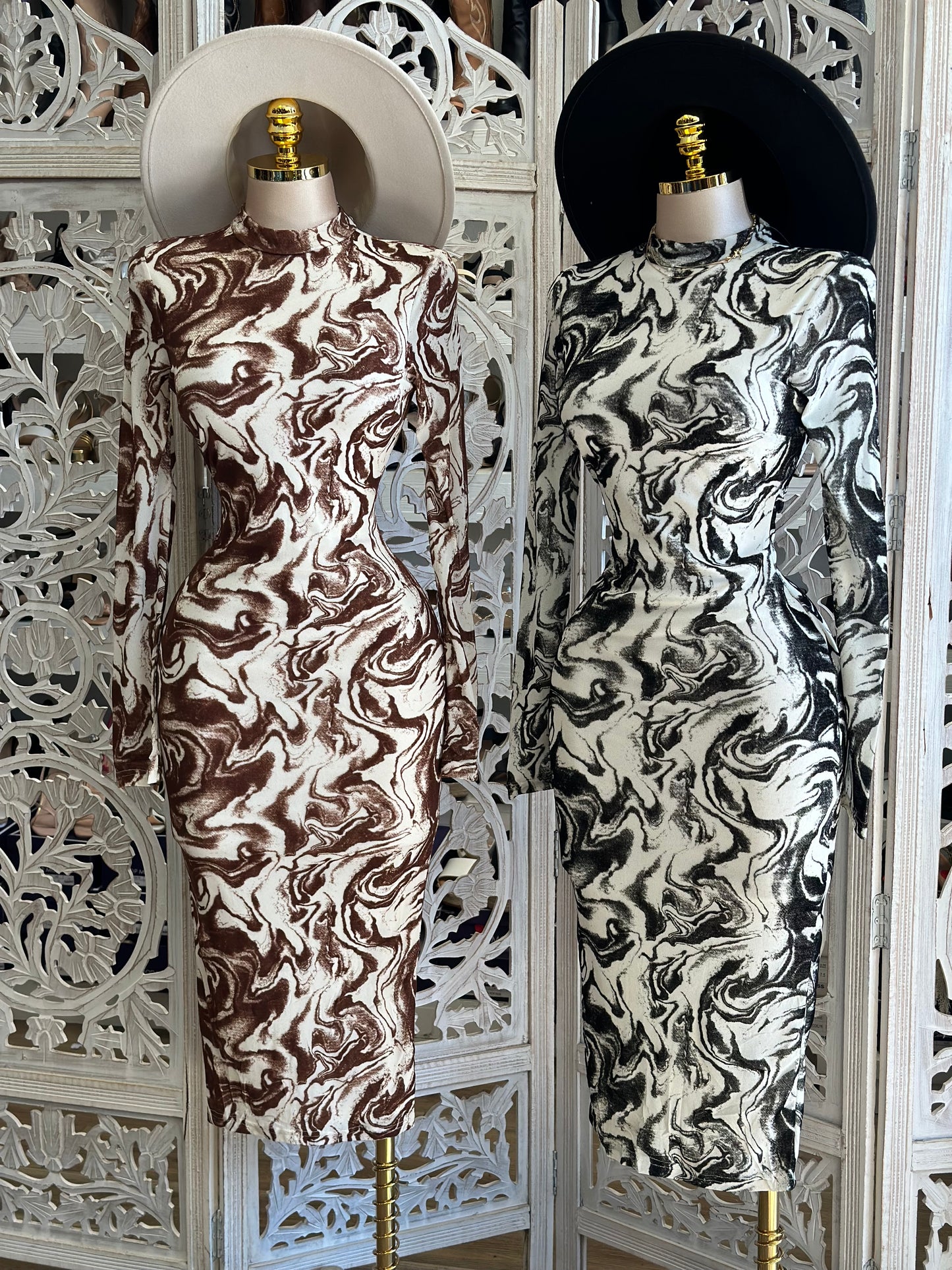 Mock Neck Marble Pattern Midi Dress- Stretchy,Estira