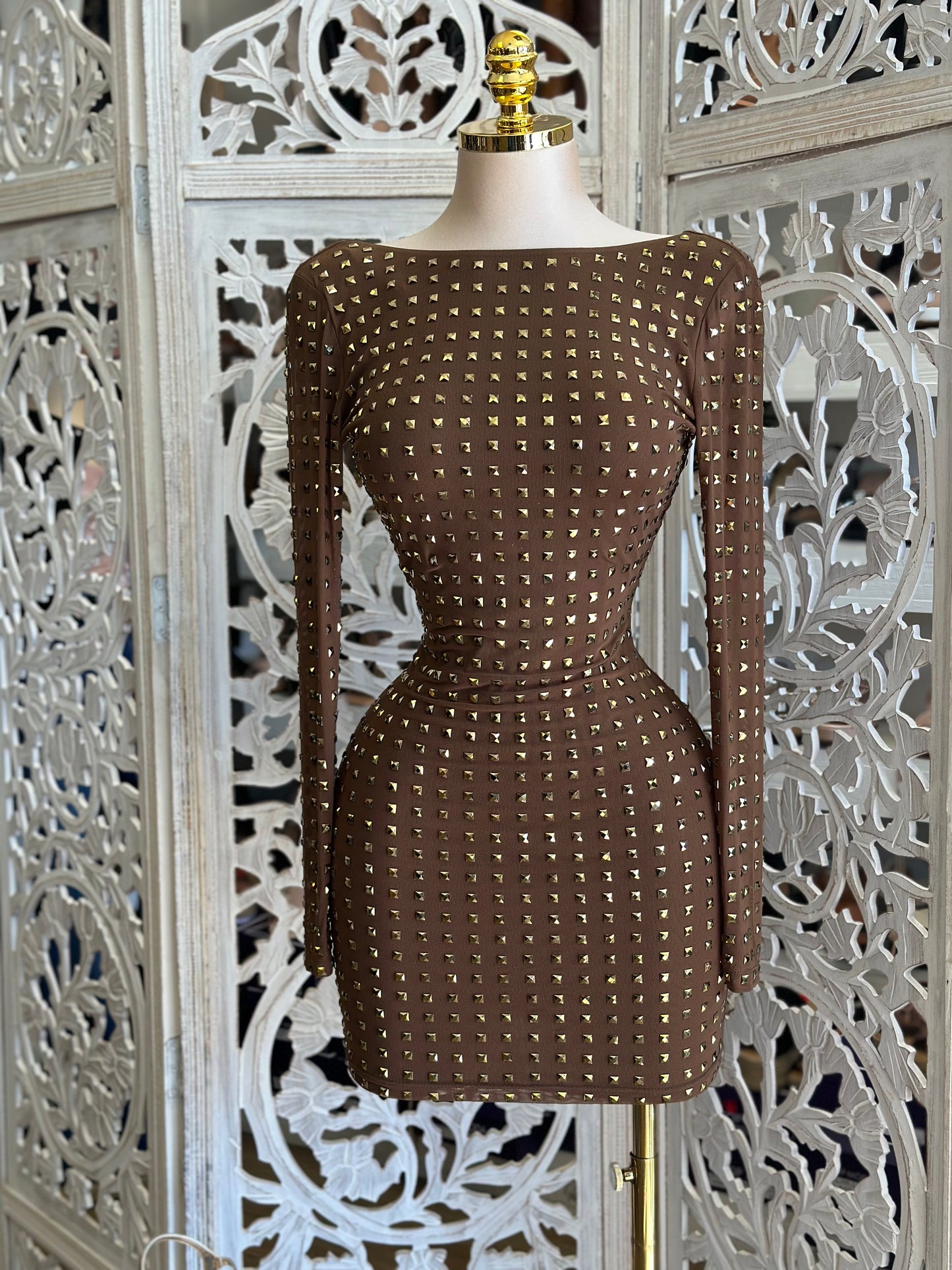 Gold Rhinestone Scoop Back Mini Dress- Stretchy, Estira