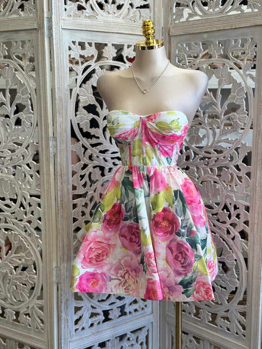 Bright Pink Strapless Floral Mini Dress- Slightly Stretchy , Estira Poco