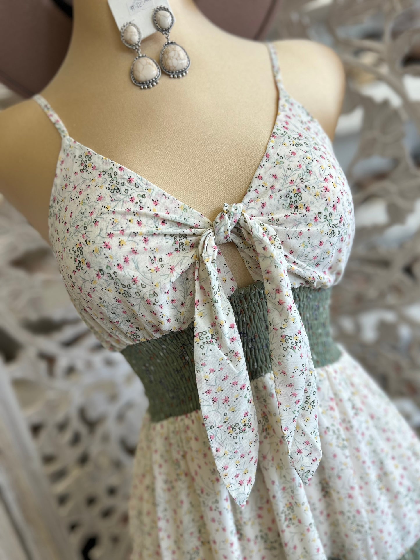 Bow Olive Multi Color Floral Maxi Dress- Not Stretchy