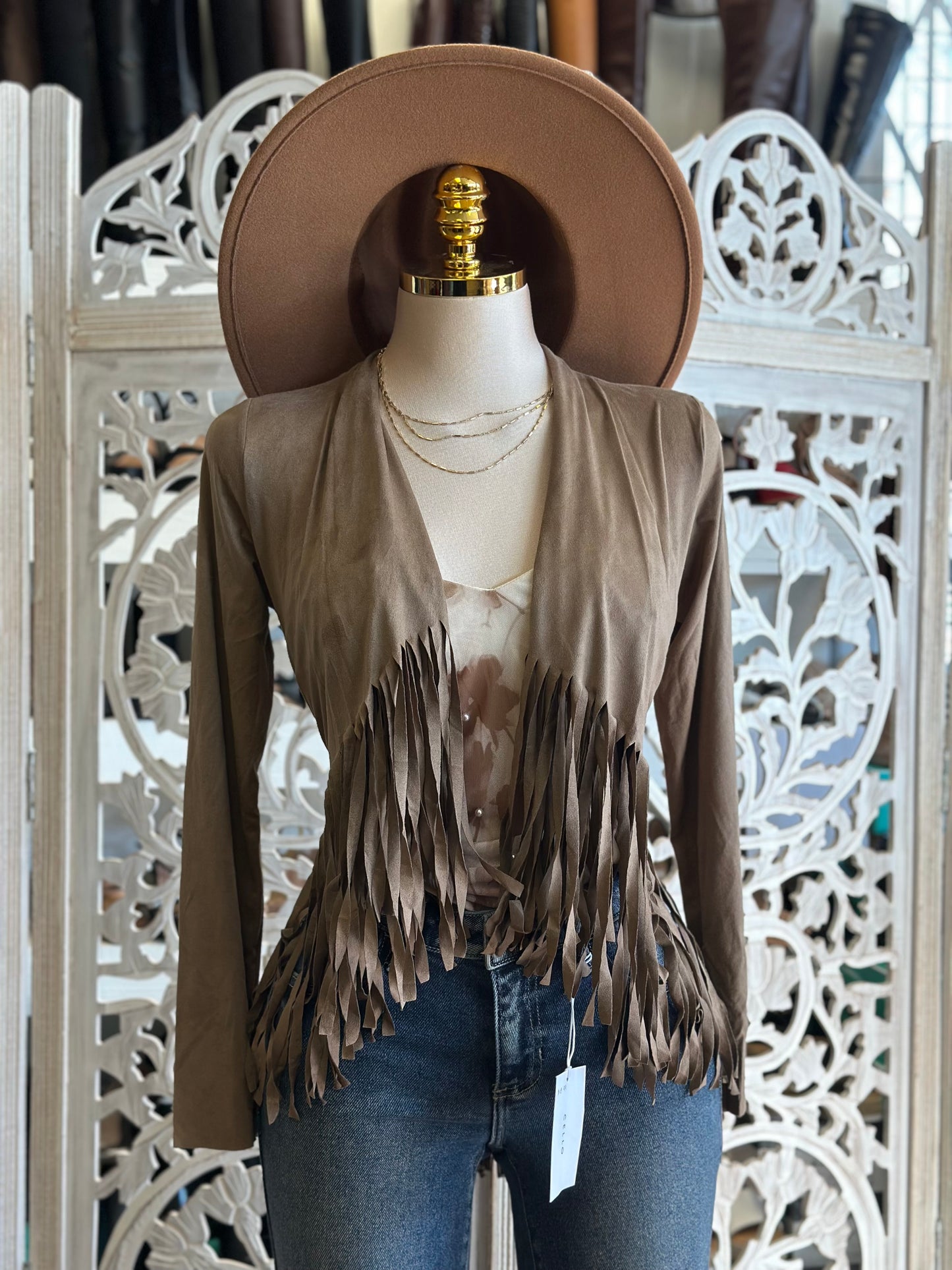 Taupe Suede Fringe Blazer- Estira, Stretchy